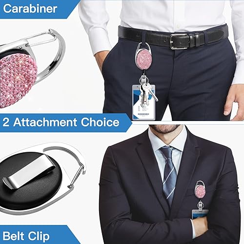 Vista 4 de SAVORI Soporte retráctil con clip para cinturón, llavero con diamantes de imitación, carrete de tarjeta de identificación, cordón de 24 pulgadas
