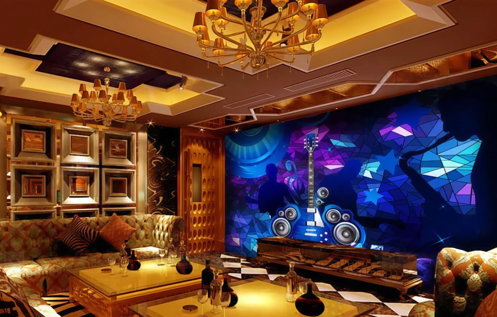 rskjdghshd Wallpaper Fashion Blue Colorful Guitar Music Theme Bar Western Restaurant Background Wall Mural Afternoon Tea Coffee Shop Wallpaper,3D,400x280cm