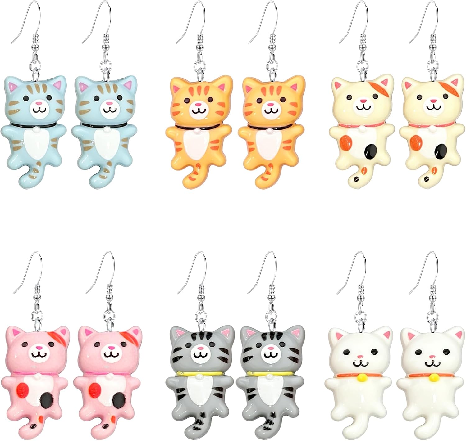 6 Pairs Resin Pet Cat Dangle Earrings Bulk for Women