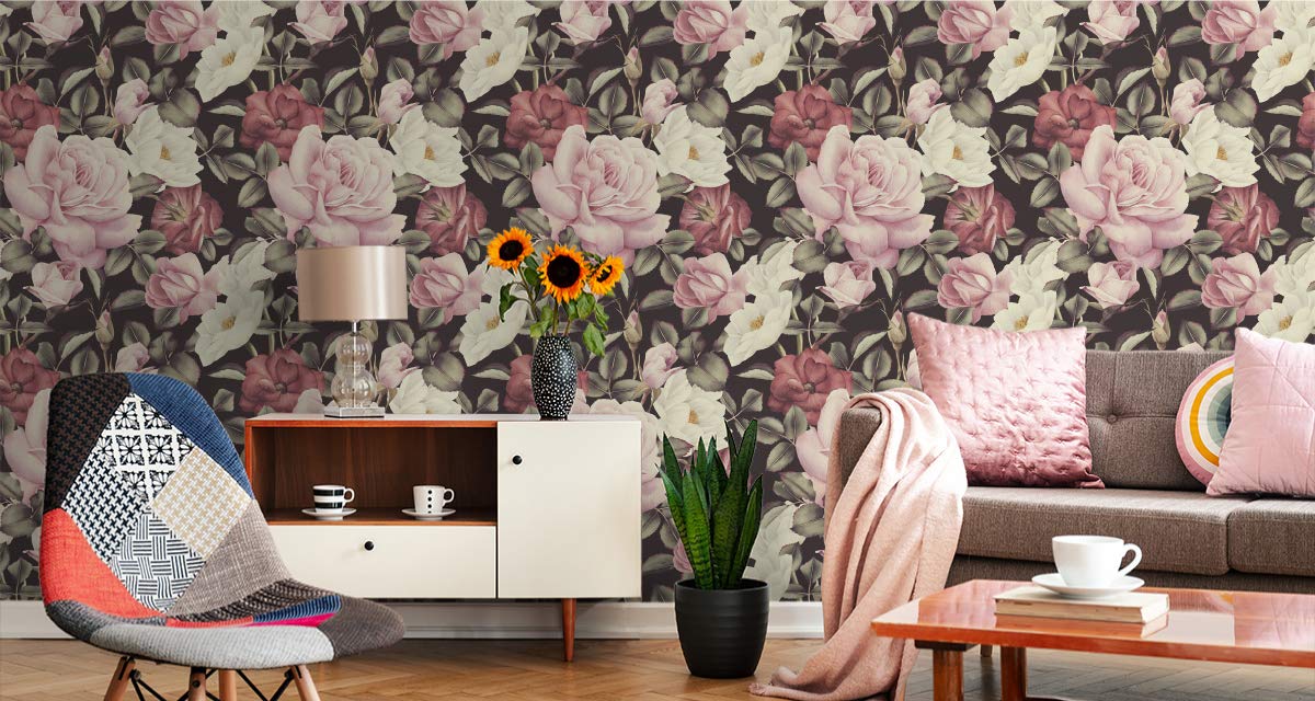 Muralo Fototapeta z motywem kwiatów, 1000 x 53 cm, tapeta na fizelinie, tapeta ścienna, róże, akwarela, salon, sypialnia, nowoczesny obraz ścienny o wyglądzie kamienia, beton, dekoracja ścienna 3D