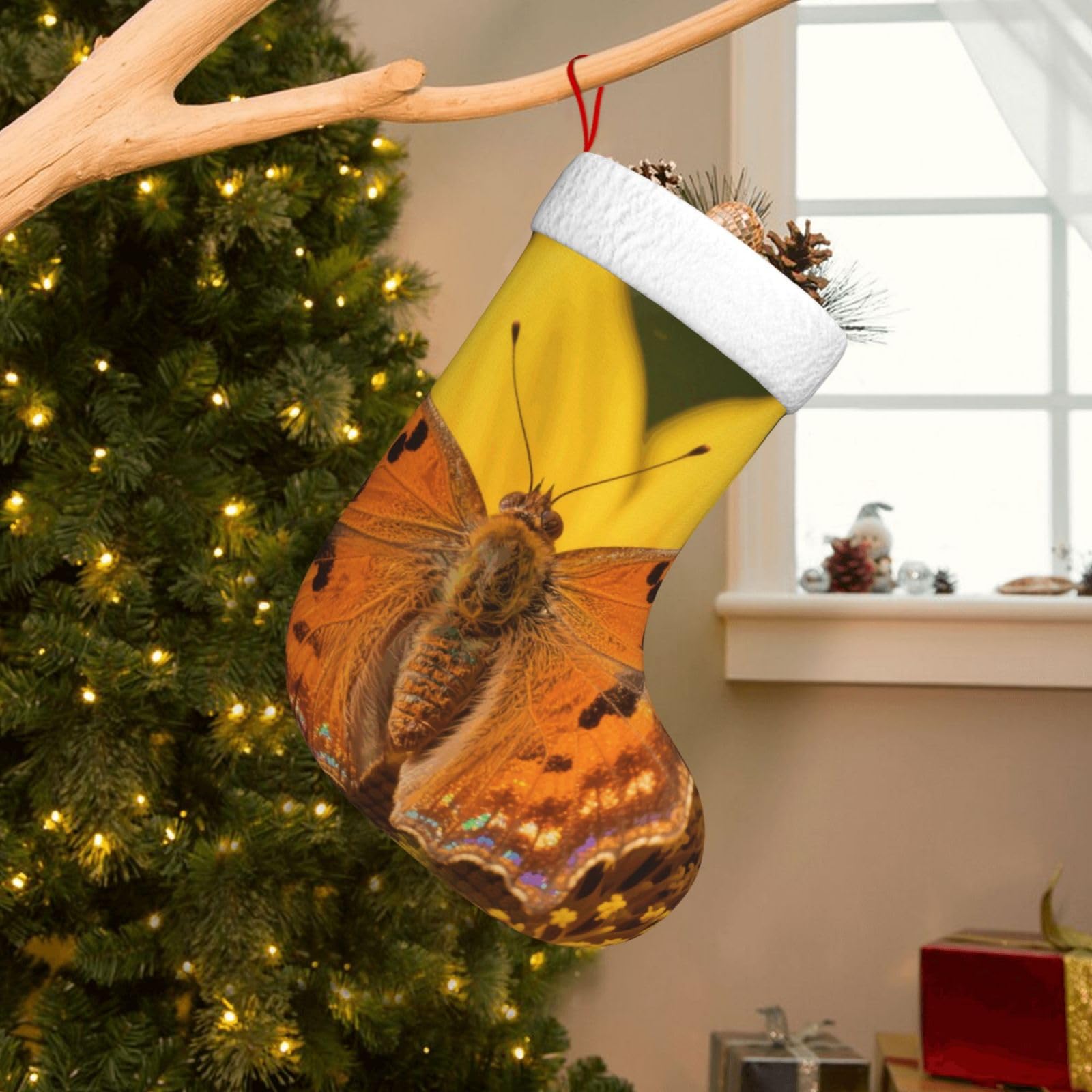 Velvet Christmas Stockings 17.7 Inch, Orange Butterfly Xmas Stocking with Soft Cuff,Classic Personalized Christmas Tree Decoration for Family Holiday New Year Party Supplies