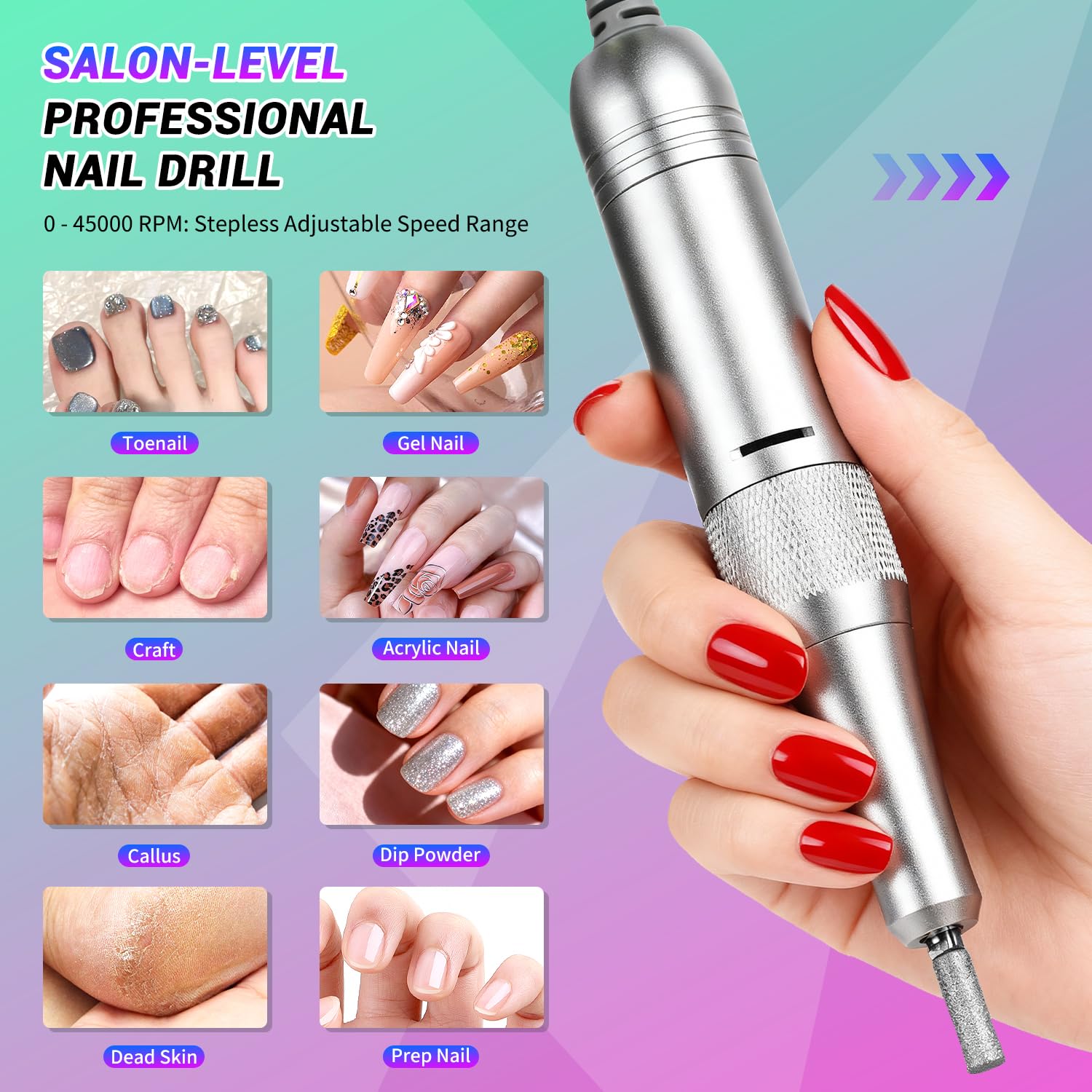 JEWHITENY Lime à ongles électrique portable SG717, 45 000 tr/min, professionnelle rechargeable, pour ongles en gel acrylique, pour enlever le vernis à ongles en gel (violet)