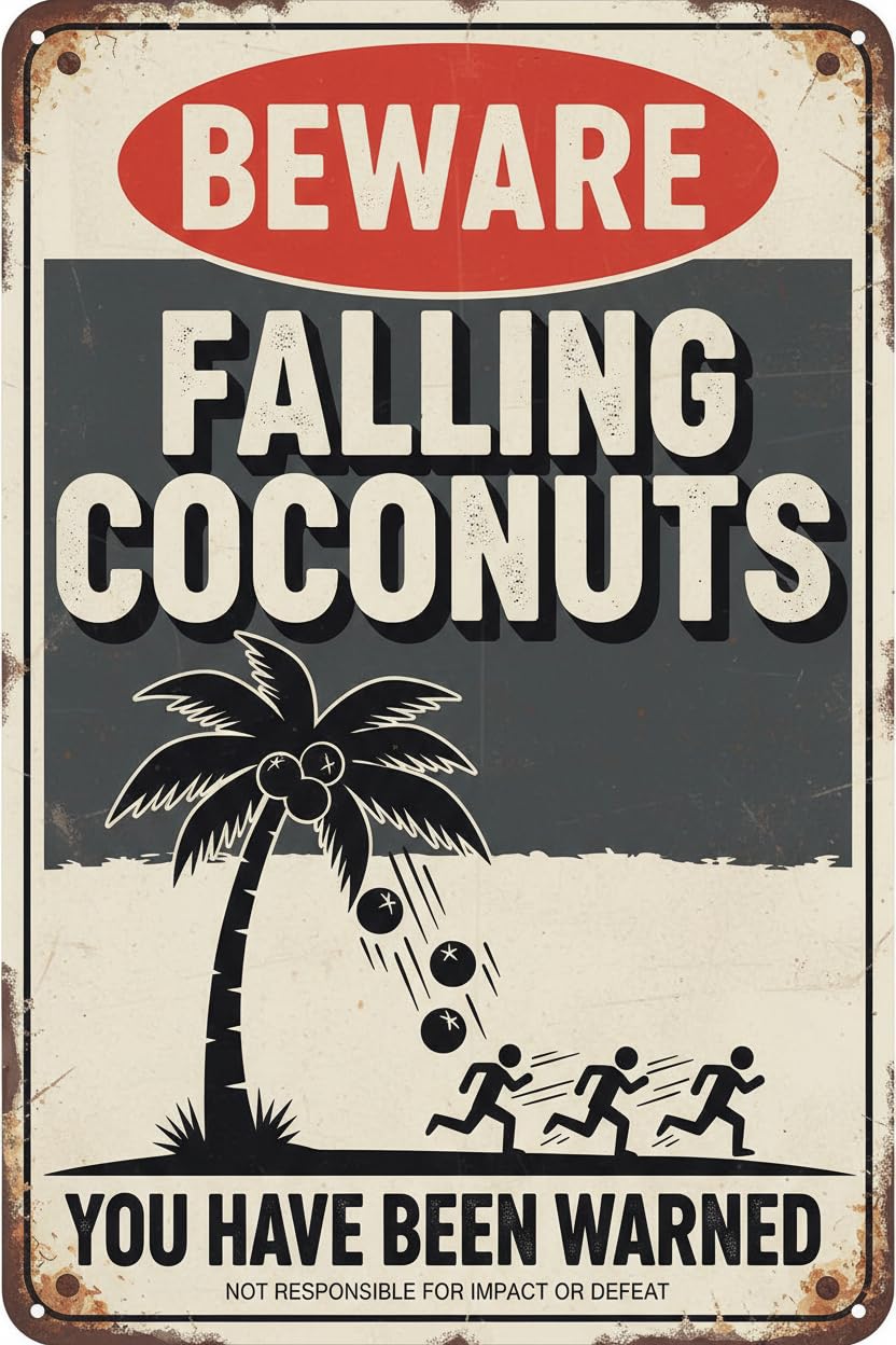 Vintage Metal Tin Sign Beware Falling Coconuts Metal Sign Warning Signs Safety Signs For Home Outdoor Garden 8X12 Inches Custom Private Property Signs Outdoor