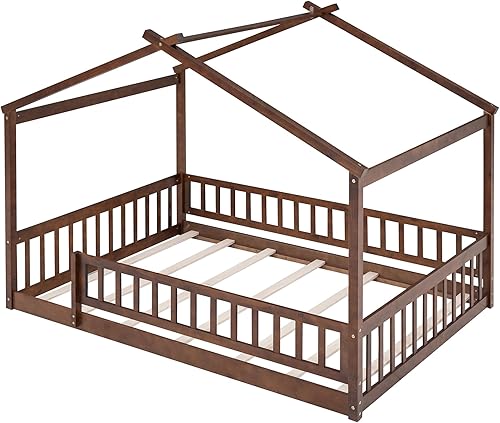 Miniatura 8 de Cama de casa tamaño matrimonial con barandillas de valla, marco de cama de madera estilo Montessori para niños, divertidas camas de casa de juegos