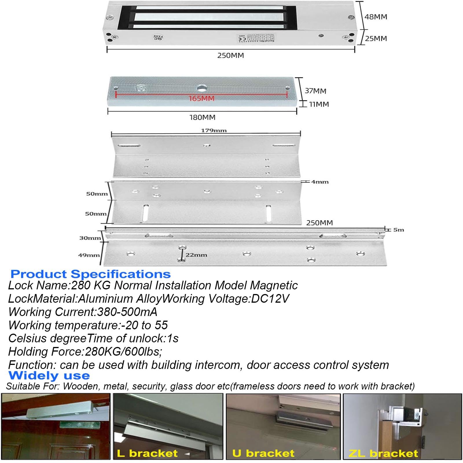 Cerradura magnética eléctrica de 12 V CC, 280 kg, fuerza de sujeción de 600 libras, incluye soporte de montaje ZL, para sistema de seguridad del hogar, adecuado para puerta de madera/metal/vidrio