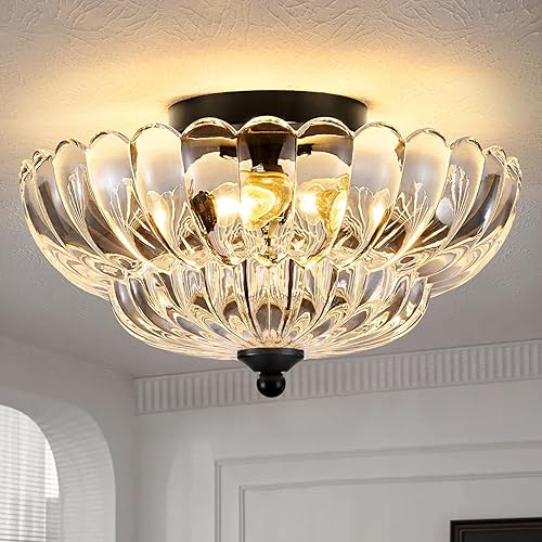 Lámpara de techo semiempotrada de 3 luces, cristal vintage con marco de metal negro, iluminación moderna cerca del techo para dormitorio, cocina,