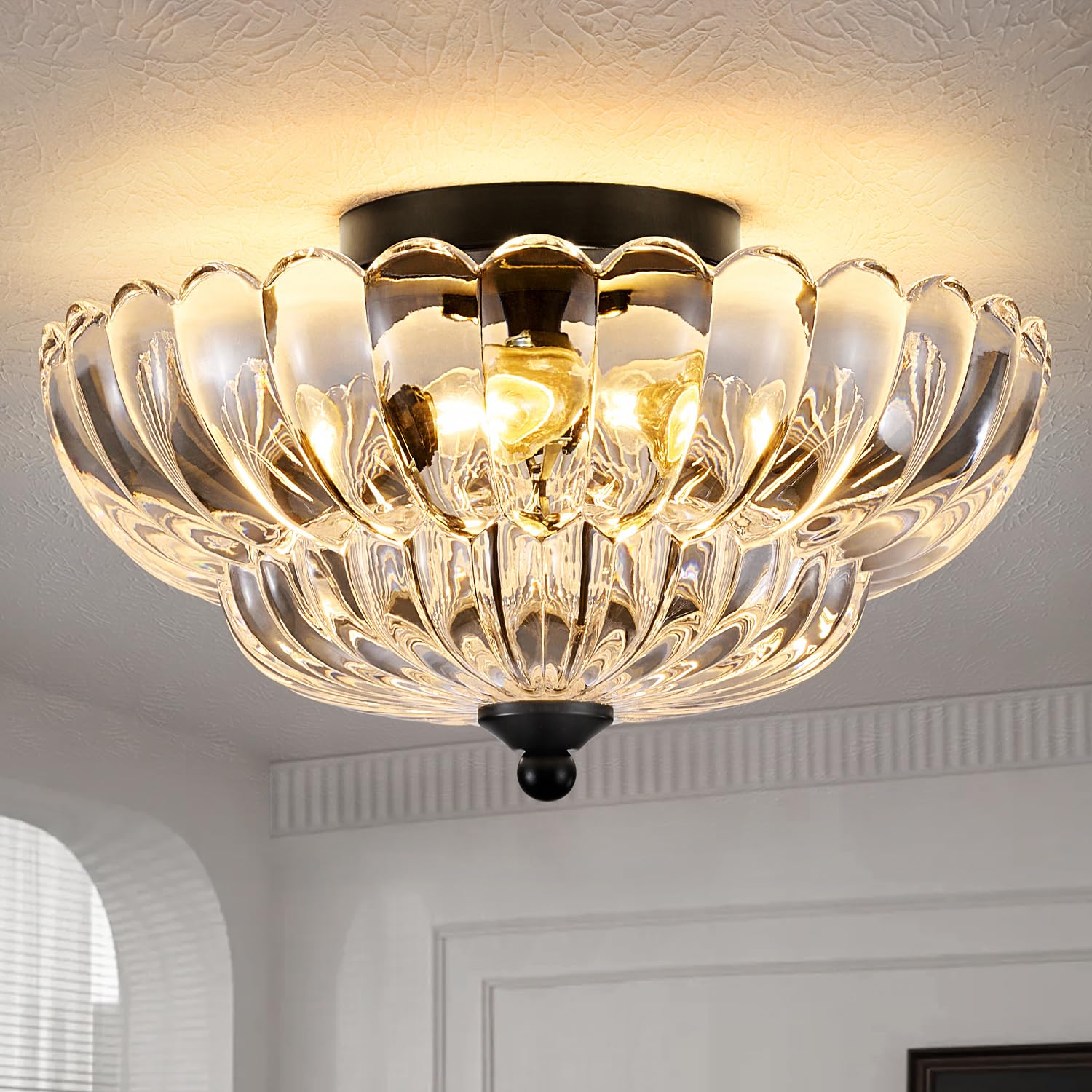 3-Light Semi Flush Mount Ceiling Light Fixture Vintage Crystal Glass with Black Metal Frame Modern Close-to-Ceiling Lighting for