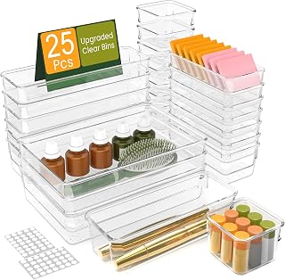 25PCS Extra Sturdy Clear Plastic Drawer Organizer Trays with 100pcs Non-Slip Pads, 4 Sizes Desk Drawer Divider Organizers and Storage Bins for Makeup, Bathroom, Office, Kitchen, Bedroom, Jewelry