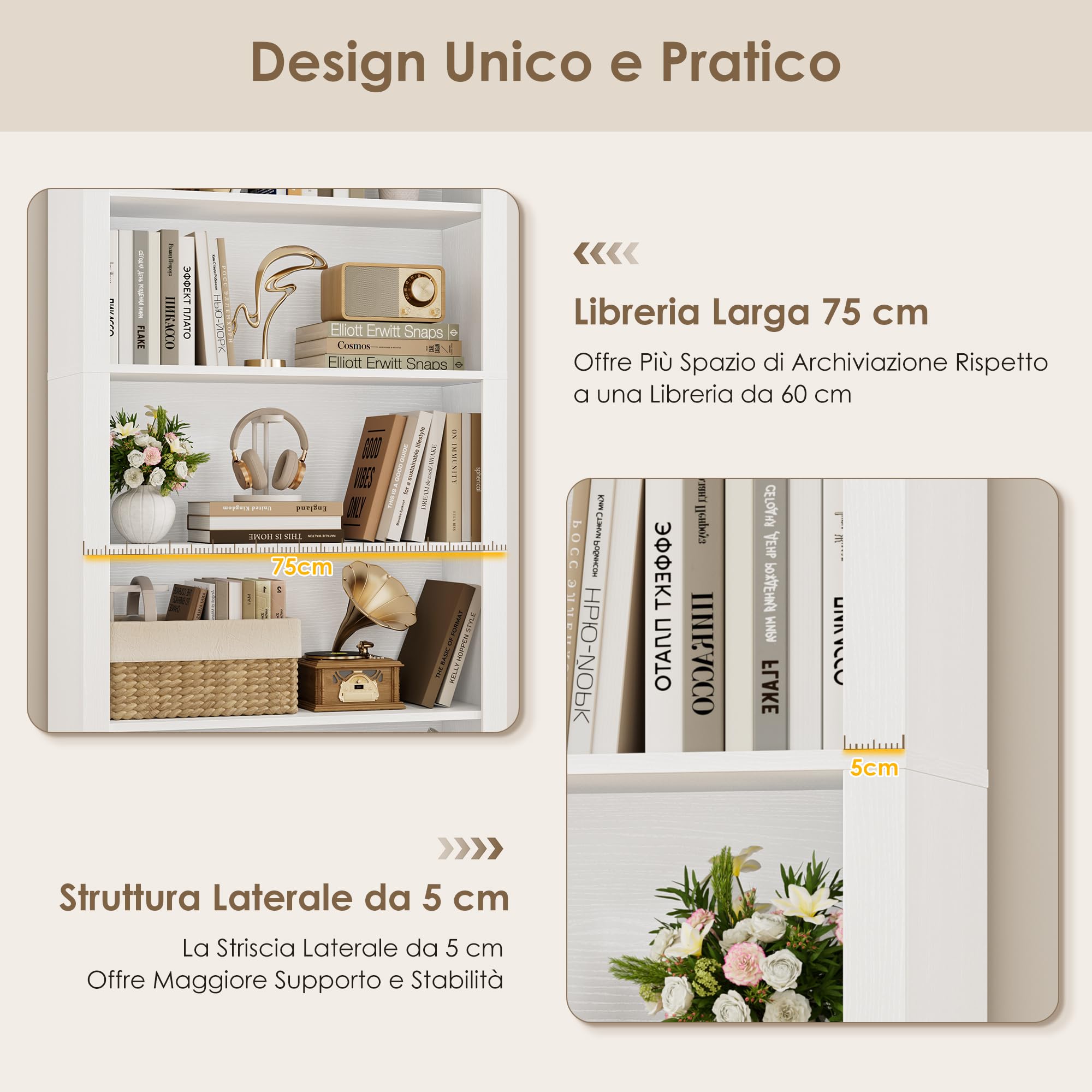 FirFurd Libreria Verticale, Libreria da Arco a 6 Ripiani, Scaffale Portaoggetti con Scomparti e Ripiani Aperti, per Soggiorno, Ufficio, Studio, Camera da letto, 75x27.7x186cm (Bianco)
