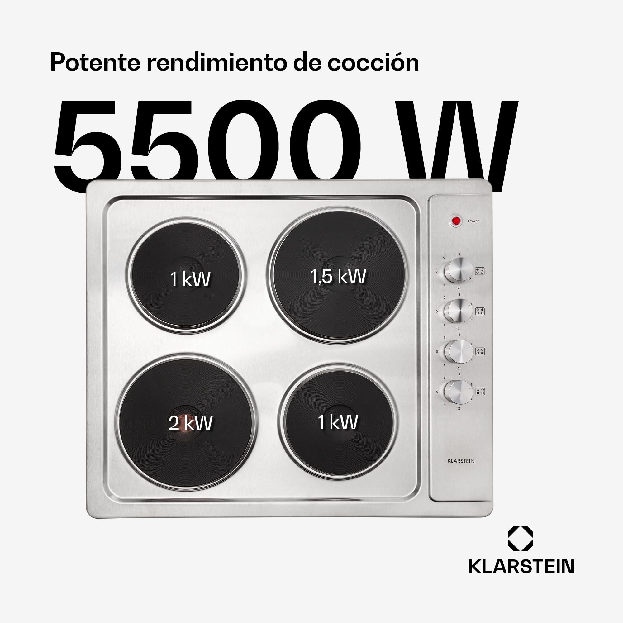 Klarstein Appetito Placa de Cocina Empotrable de Placas, Indicador de Calor Residual, Mandos Giratorios, 6 Niveles, Electrica, Fogones, Acero Inoxidable, 4 Placas/Zonas, 5500 Vatios, Plata