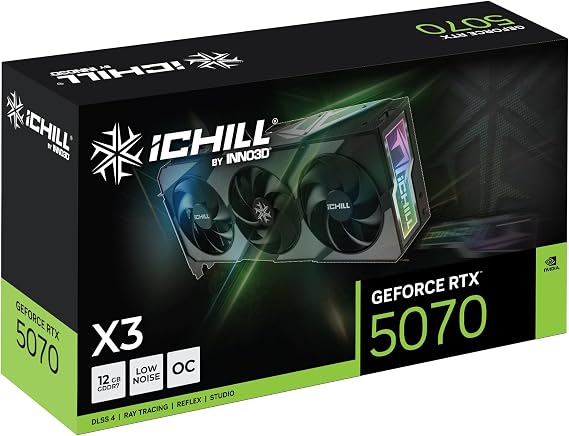 INNO3D GeForce RTX 5070 iCHILL X3, 12GB GDDR7, 2572MHz Boost, DisplayPort 2.1b, HDMI 2.1b, 6144 CUDA Cores