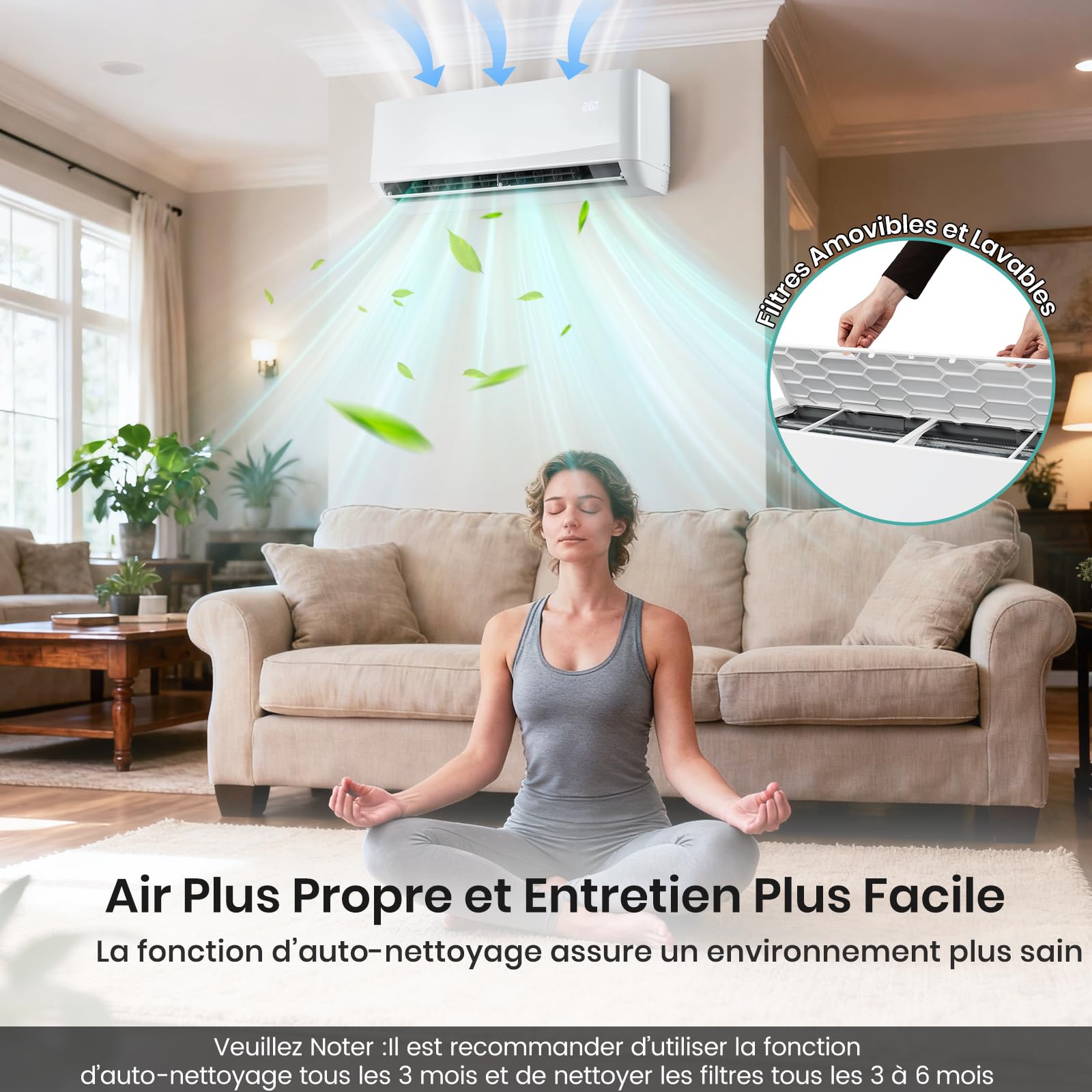GOPLUS Climatiseur Reversible 12000 BTU 3,4 KW avec Fonction Chauffage et Refroidissement, Classe A++/A+ R32, Climatiseur Split Mural Silencieux 7 Mode, 8 Vitesse avec Pompe à Chaleur, Écran LED