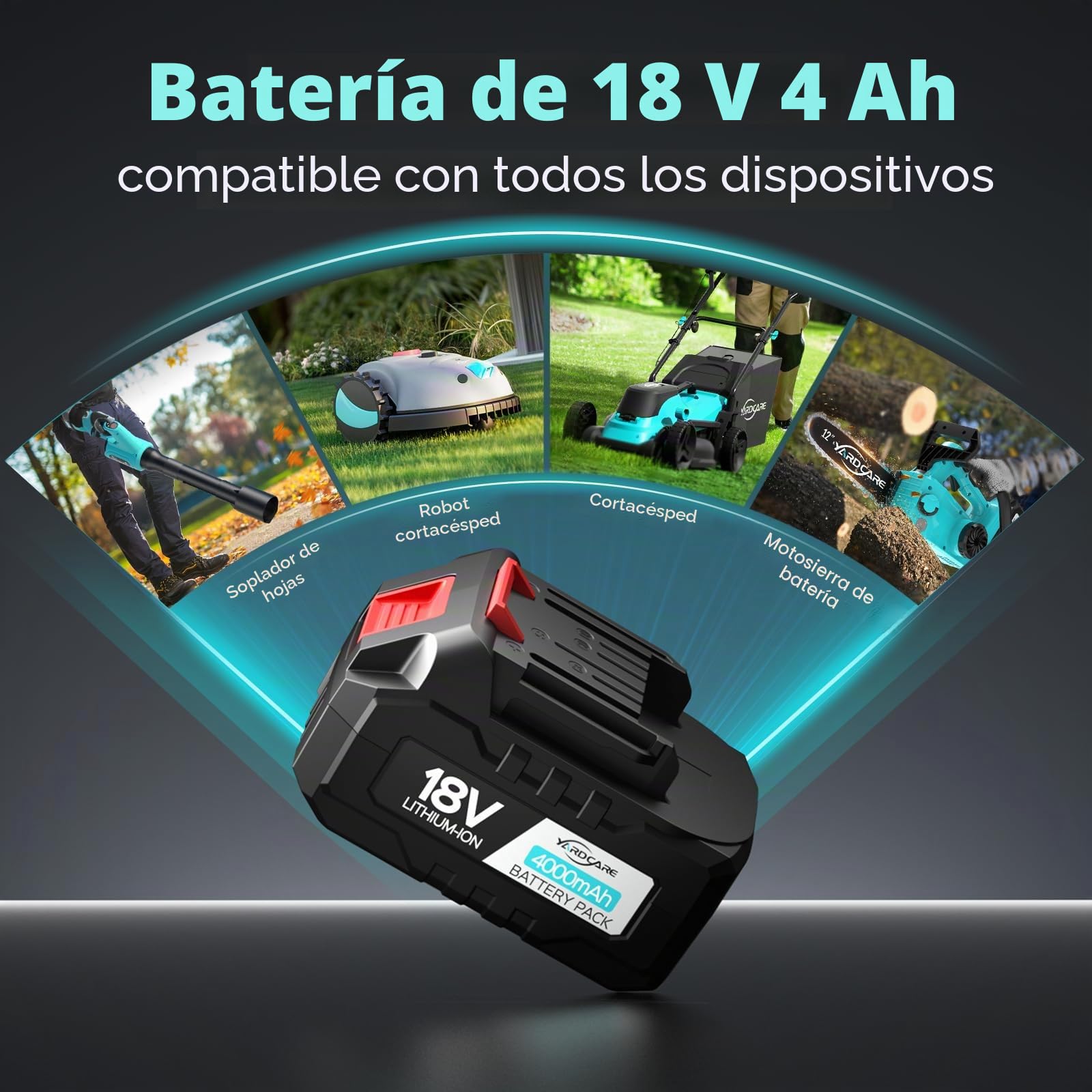 YARDCARE Batería 18V 4.0Ah, Compatible con Robot V100 y Herramientas (BBL20007B, BLM40410, BLM20034, BCTS20012, BCS40016)