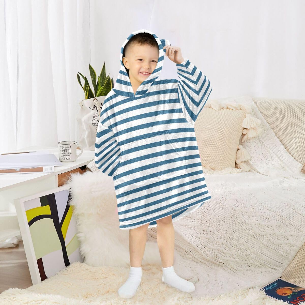 Wiosna lato w paski granatowy dziecięcy koc do noszenia bluza z kapturem oversize bluza koc sweter w paski dla chłopców i dziewcząt w wieku 3-14 lat