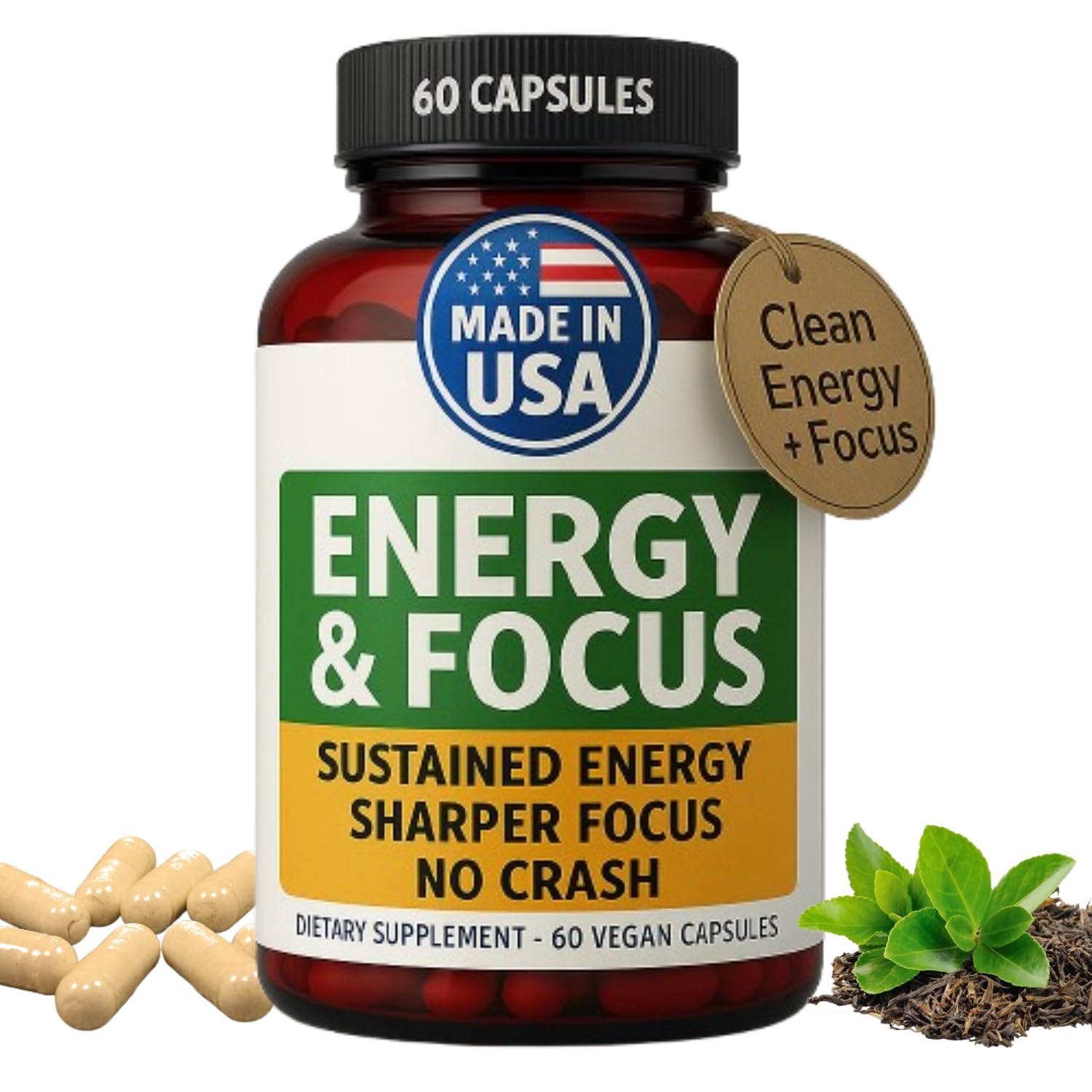 Green Regimen Energy & Focus Capsules - Natural Nootropic Supplement for Sustained Mental Clarity, Enhanced Concentration & Alertness - No Crash, Vegan, Non-GMO - 60 Caps