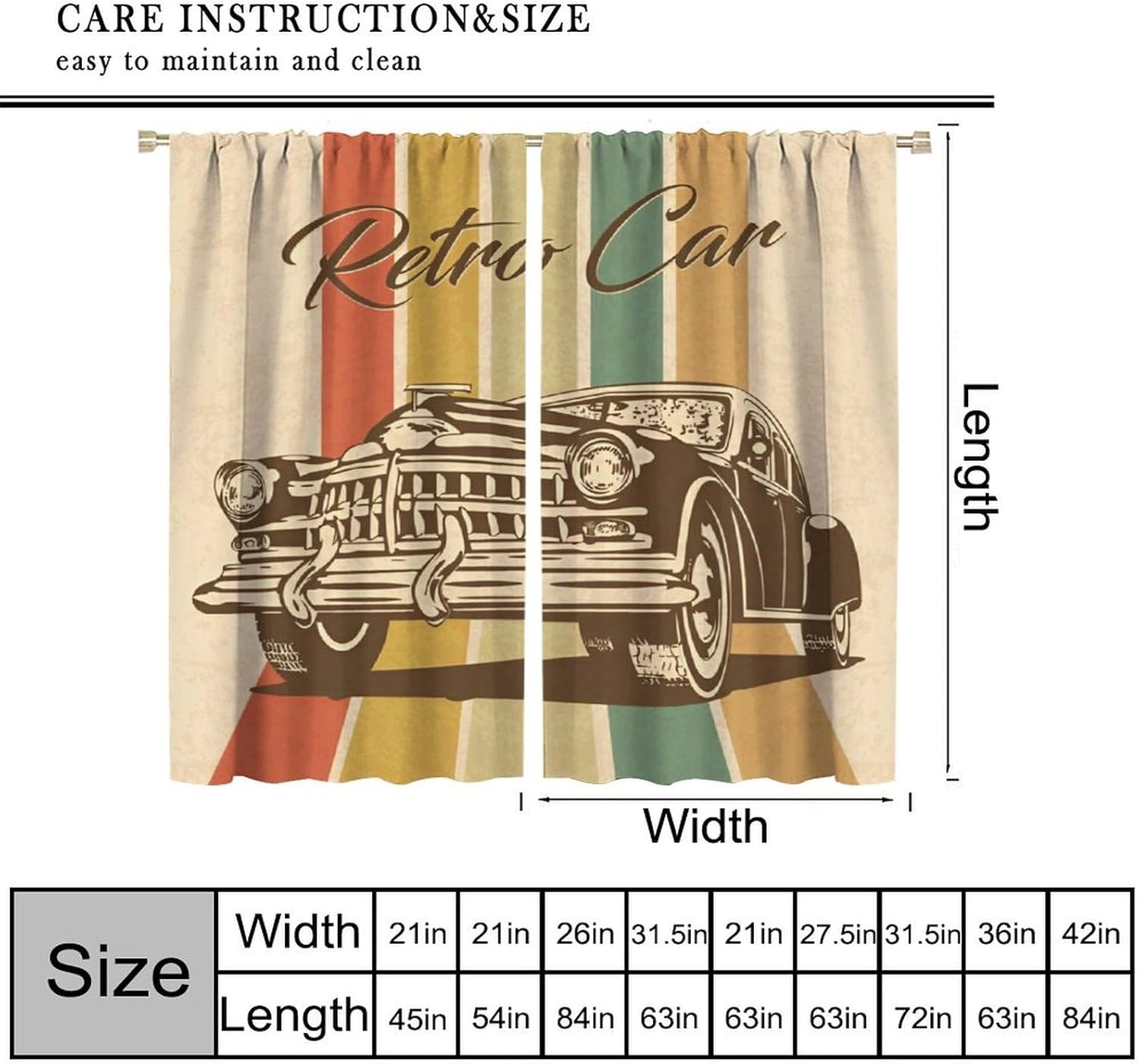 Retro Car Themed Blackout Curtains, Old Classic American Car Colorful Road Window Drapes for Bedroom Living Room, 42" W X 45" L