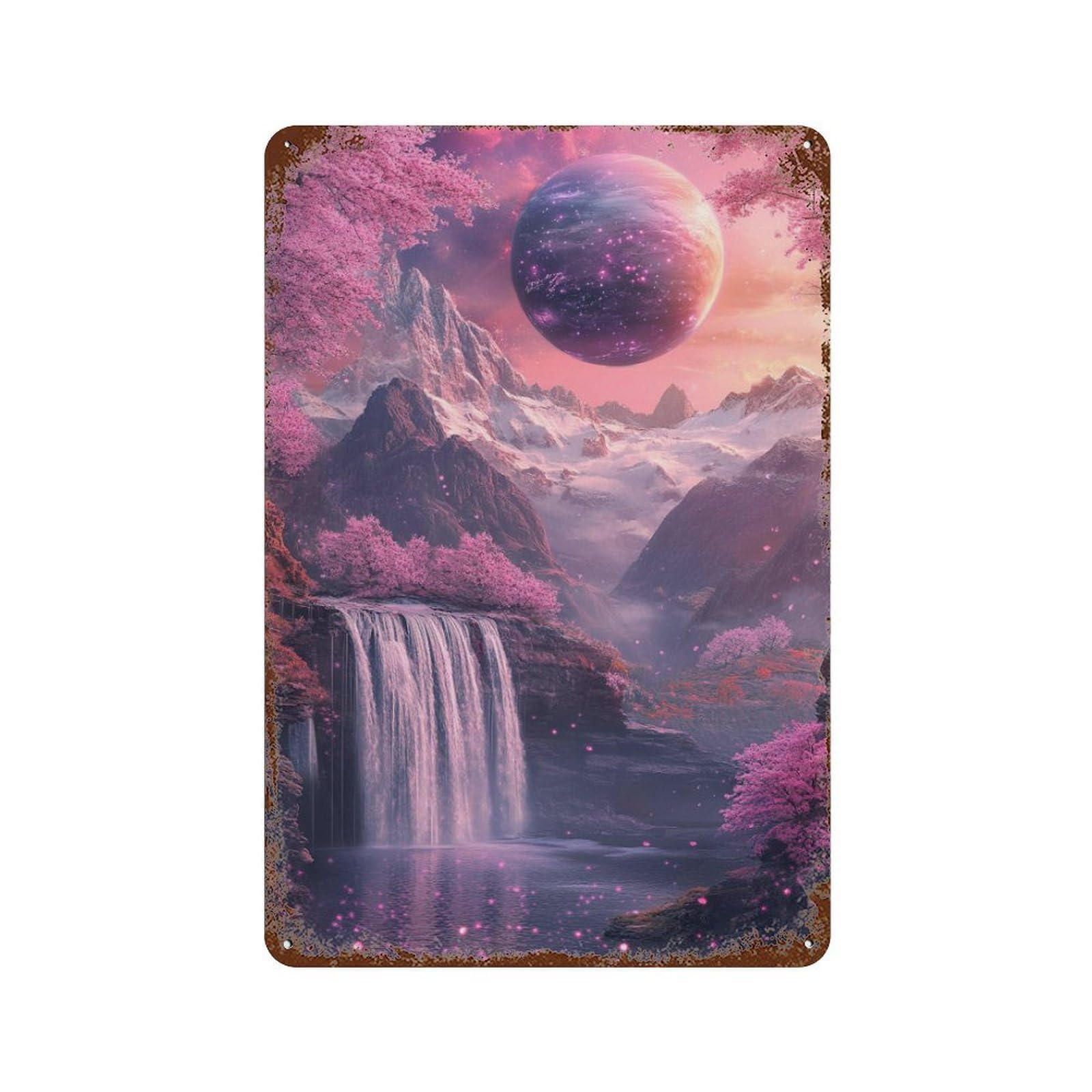 Fantasy Pink Planet Landscape Weathered Tin Sign 11.8"x7.9", for Garage, Bar And Workshop Decor, Vintage Wall Decor