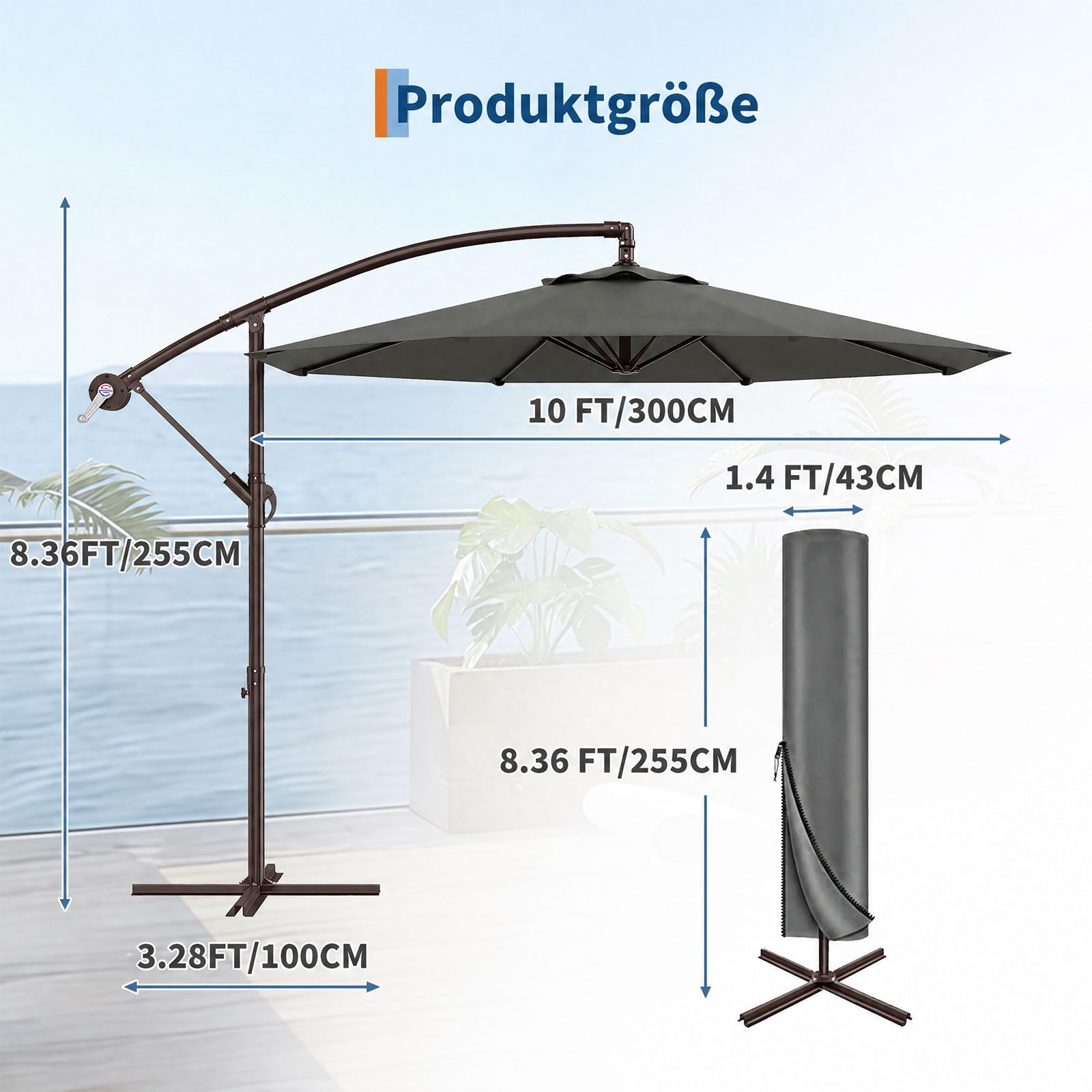 GarveeLife Sonnenschirm Ø300cm Ampelschirm 360° drehbar Gartenschirm mit Kurbel UV-Schutz UPF 50+ Wasserabweisender Gartenschirm mit Schutzhülle und Ständer für Terrasse Balkon
