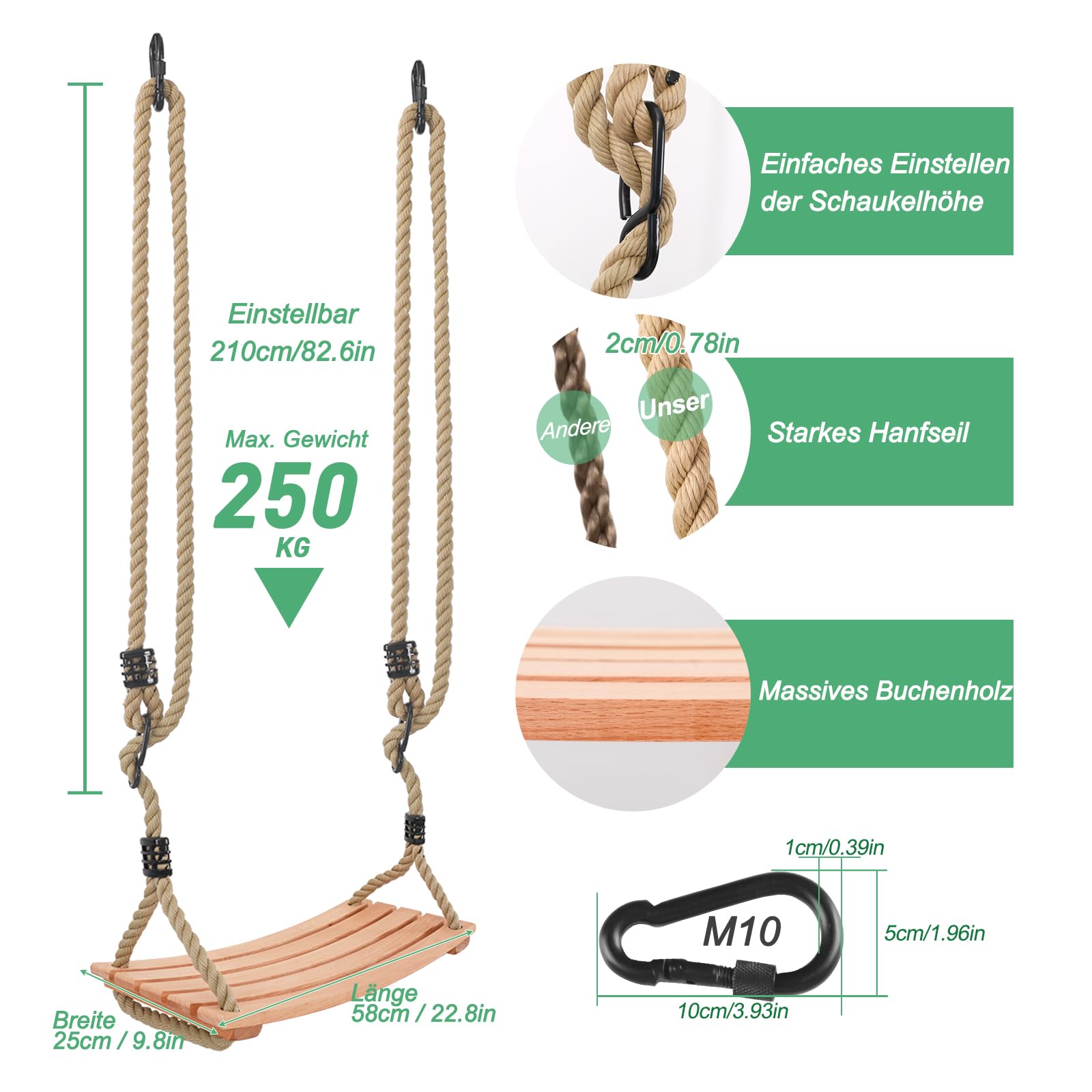 Holz Schaukelsitz für Kinder und Erwachsene, Holzschaukel,Garten schaukel mit Einstellbares Hanfseil,Garten schaukel, Schaukelsitz für Gartenhof Innen und Außenbereich bis zu 250 kg