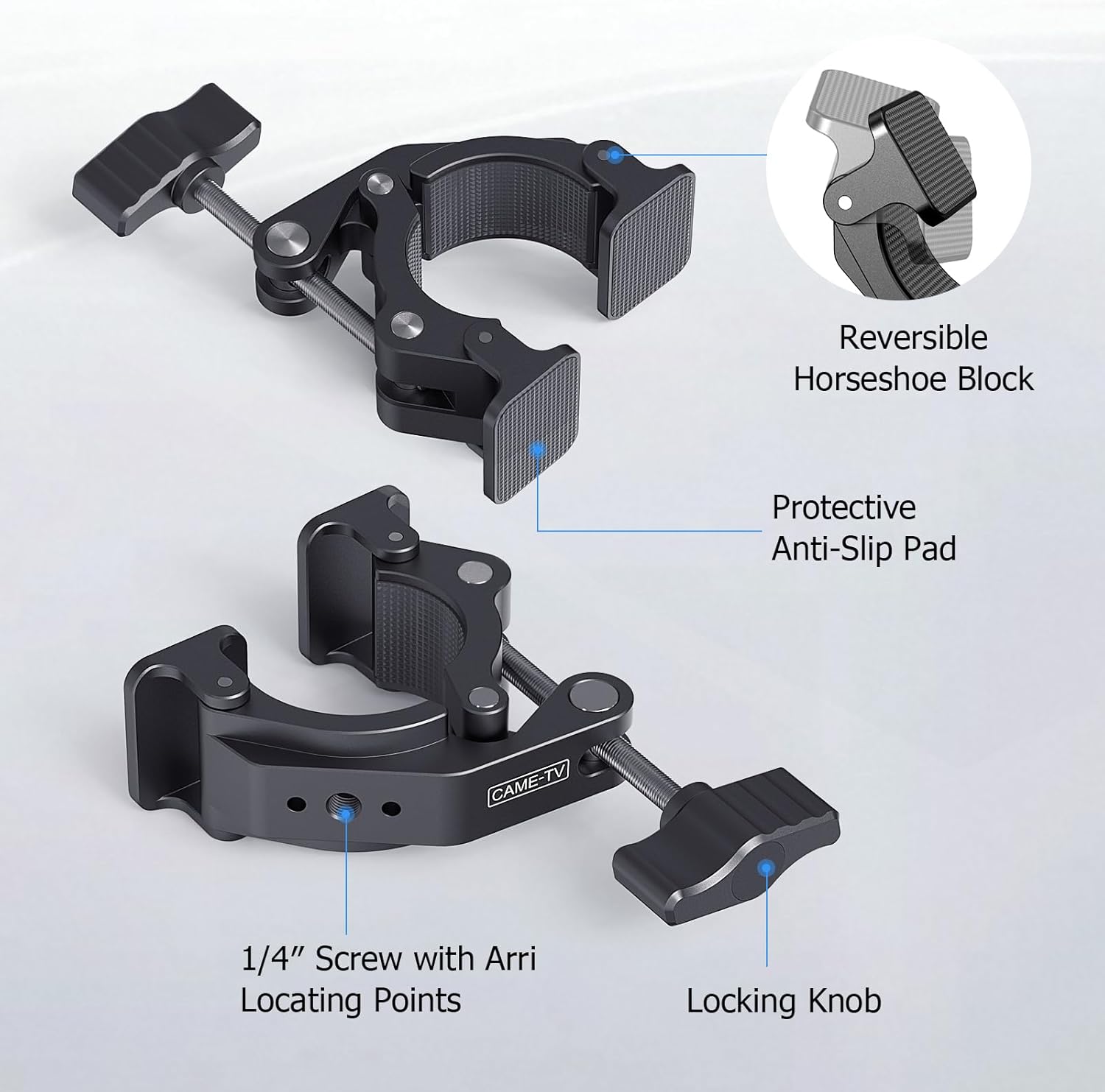 Came-TV Universal 18-50mm Camera Clamp Mount for Insta360/GoPr0, Heavy-Duty Aluminum Alloy with 1/4" & 3/8" Threads, Motorcycle Mirror/Car Headrest Rod Clamp for Camera/LED Light/Microphone - 61012