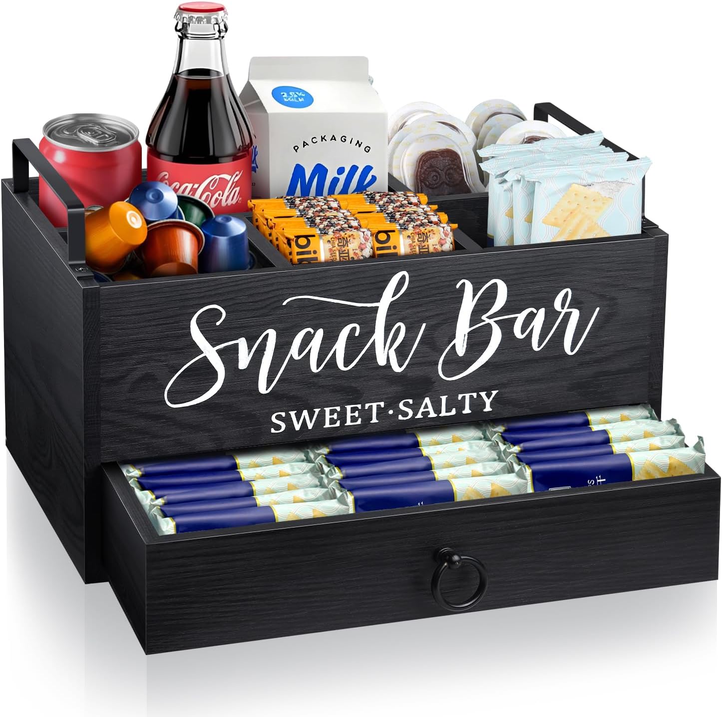 Snack Organizer for Countertop, Wood Snack Basket Snack Tray with Handles, 5 Compartment Pantry Storage Bins with Drawer, Food Container Snack Box for Snacks, Chips, Packets
