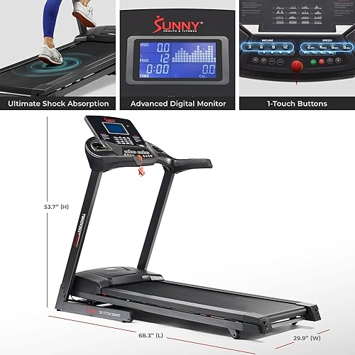 Miniatura 6 de Sunny Health & Fitness Treadmill with Auto Incline, Shock Absorption, Pulse Sensors & Bluetooth  Optional SunnyFit App Compatibility