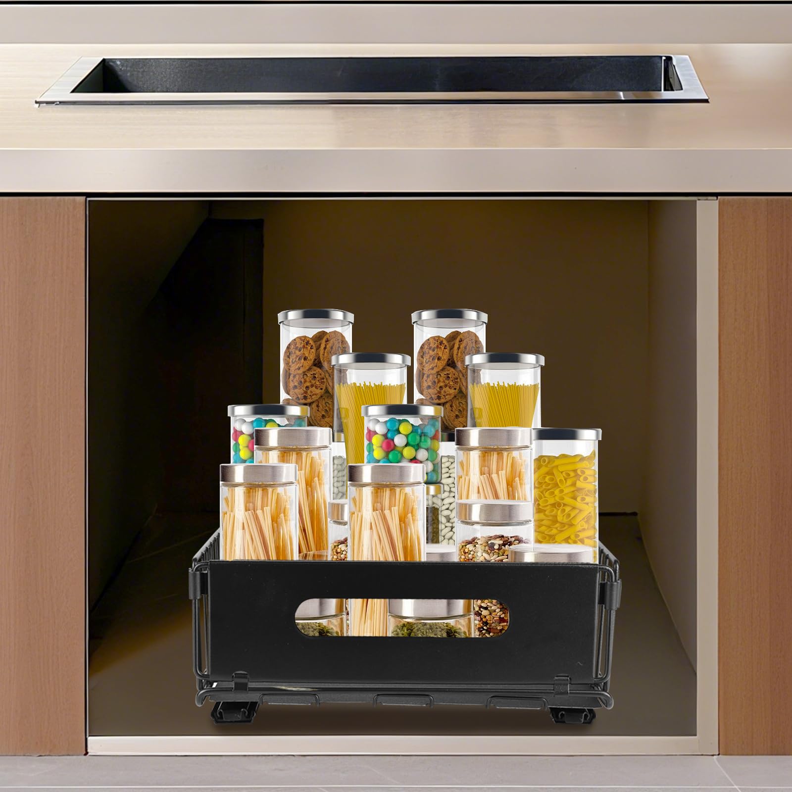 Mobile portaoggetti regolabile sotto il lavello, regolabile in altezza, per cucina e bagno, nero, 38 x 25 x 10 cm (set da 2), soluzione salvaspazio
