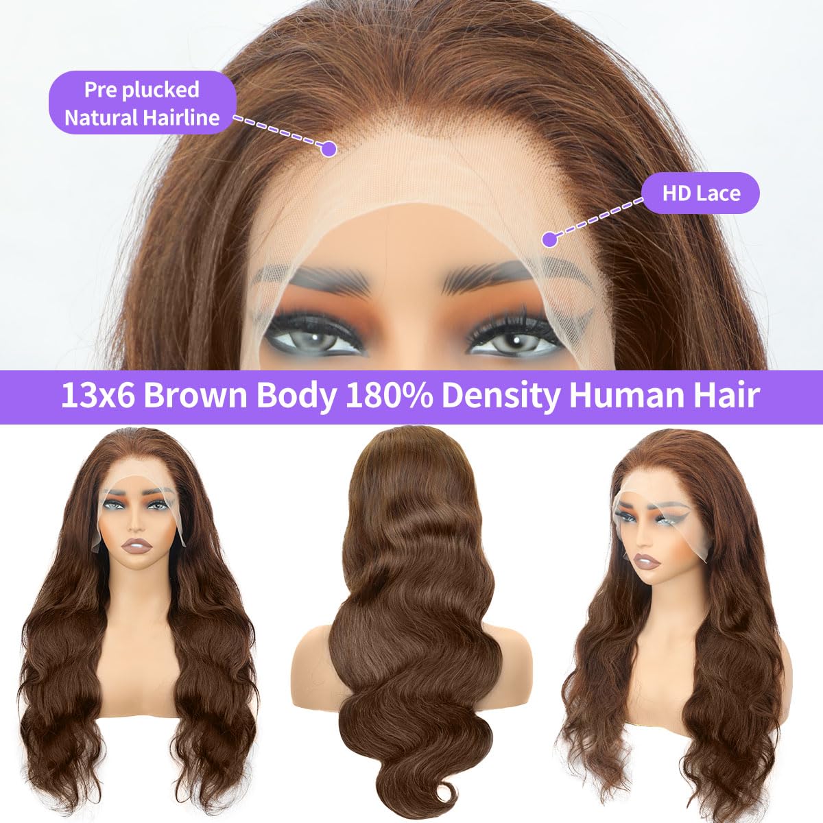 Chocolate Brown Lace Front Wigs Human Hair Brown Human Hair Wig 13x6 HD Frontal Colored Wigs Human Hair Wear And Go Glueless Wig Body Wave Real Hair Wigs For Women Human Hair 180 Density 24 Inch - Image 2