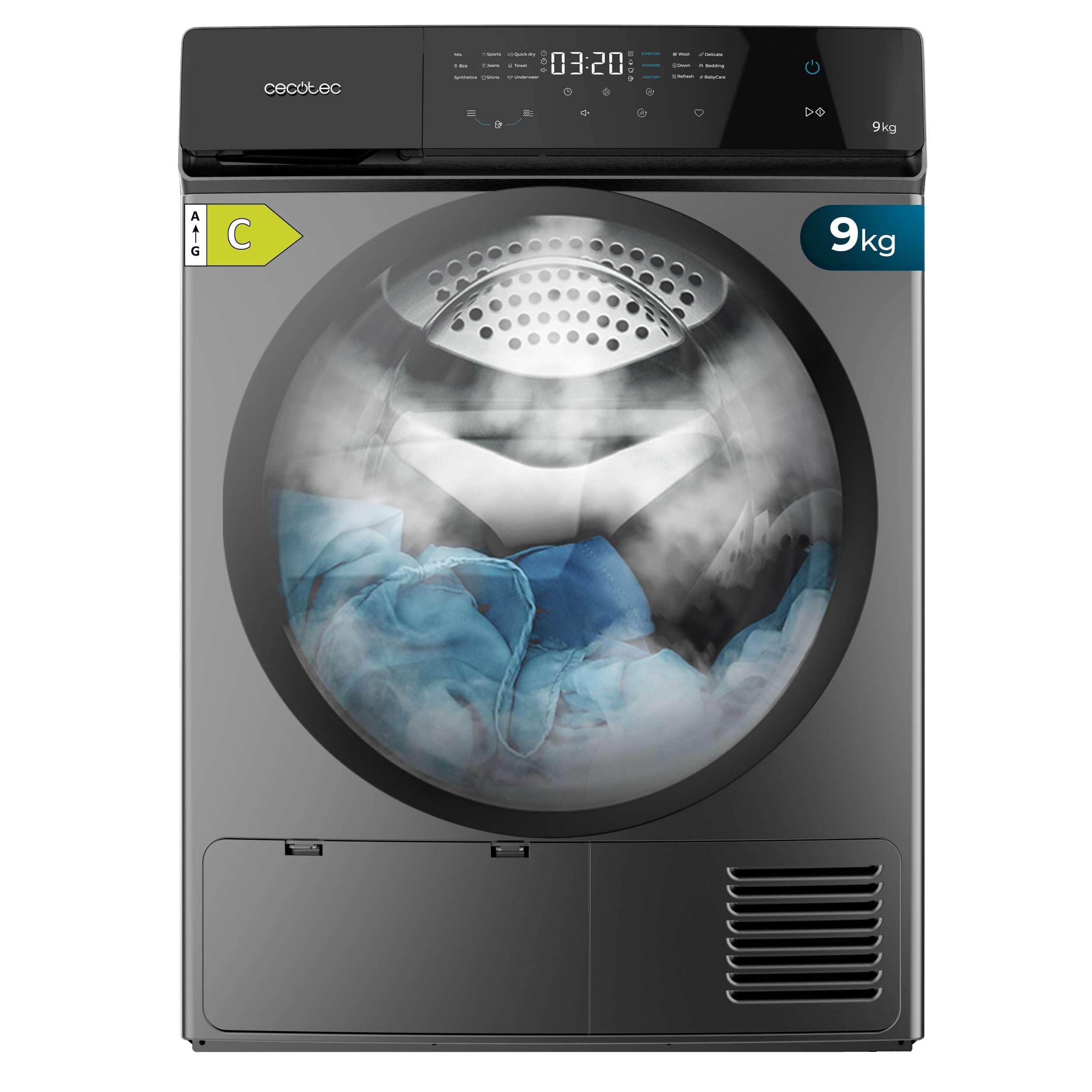 Cecotec Bolero DressCode Dry 9400 Inverter Steel Trockner mit Wärmepumpe, 9 kg, Klasse A+++, 15 Programme, automatisches Trocknen, einfaches Bügeln, Stopp&Go, Verzögerungsstart, KidLock, Edelstahl