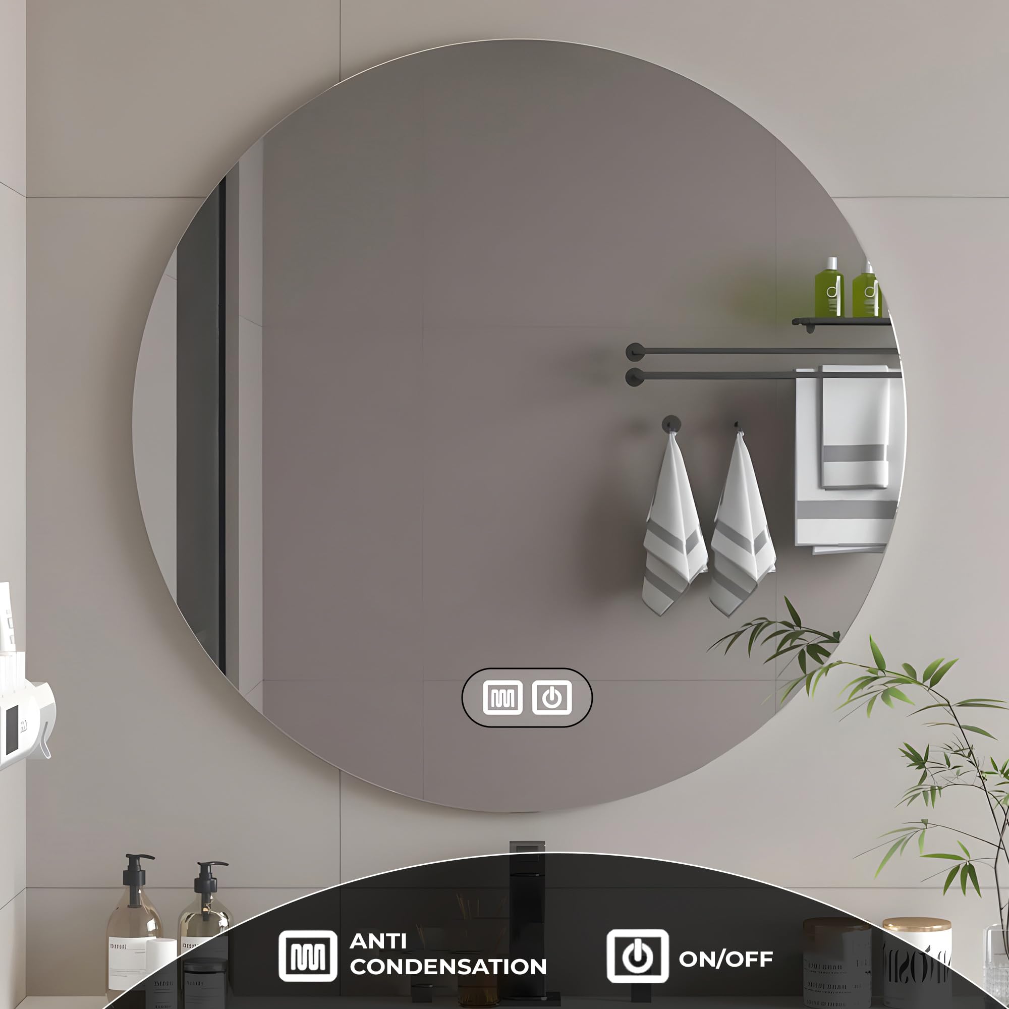 Bayt Espejo de Baño Redondo Luces LED - Espejos de Baño Iluminados de 60 cm con Retroiluminación | Espejos de Tocador de Pared Antiniebla Regulable | Espejo de Pared sin Marco