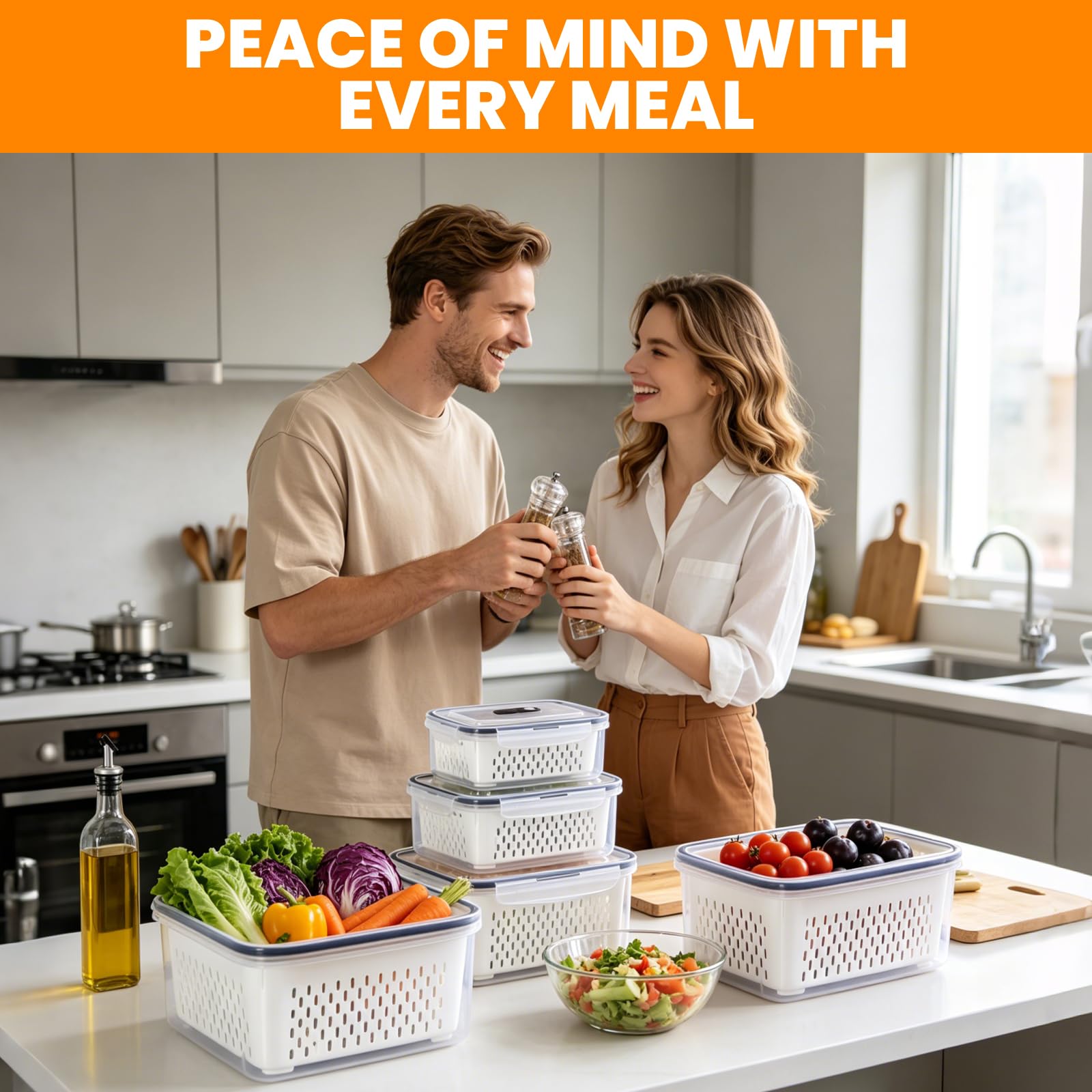 Juego de 5 recipientes herméticos para frutas y verduras, cajas de almacenamiento con tapa y colador, recipientes herméticos a prueba de fugas para guardar frutas