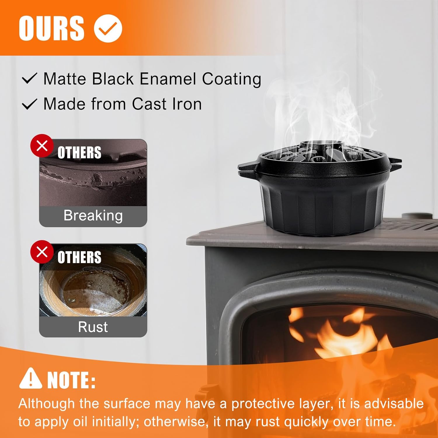 G GOOD GAIN Wood Stove Steamer - Cast Iron Round Bowl Fire Place Stove Humidifier Pot with Large Opening Top for Home Heating Decorative | Matte Finish & 2.7 Quart, Black