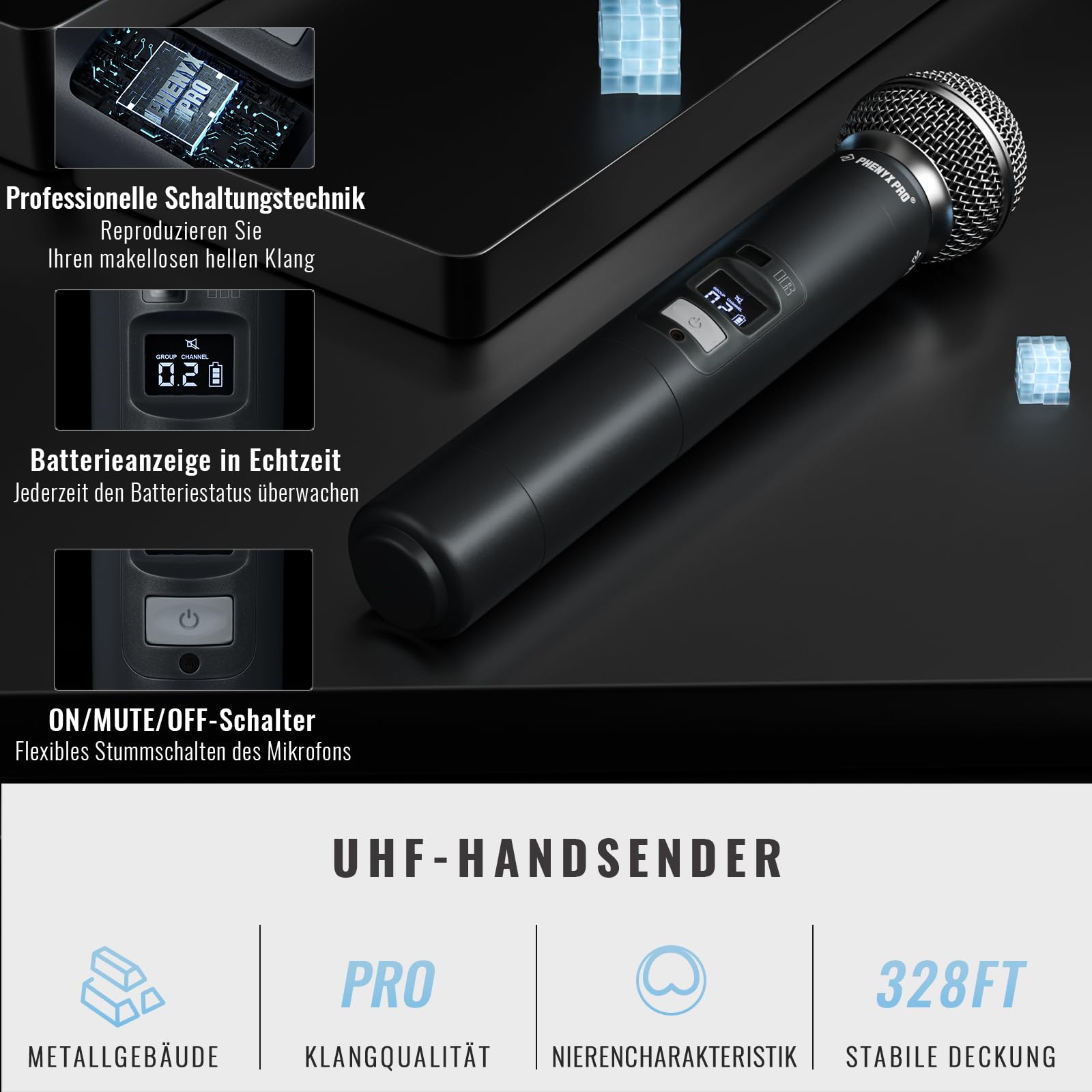Phenyx Pro 4-Kanal Kabelloses Mikrofon-System mit Handheld PTU-7000-2H2B | Bodypack, Headset und Lapel Mics - 4x40 Kanäle wireless mikrofon, Auto Scan, 328ft Reichweite - Ideal für Karaoke und Gesang