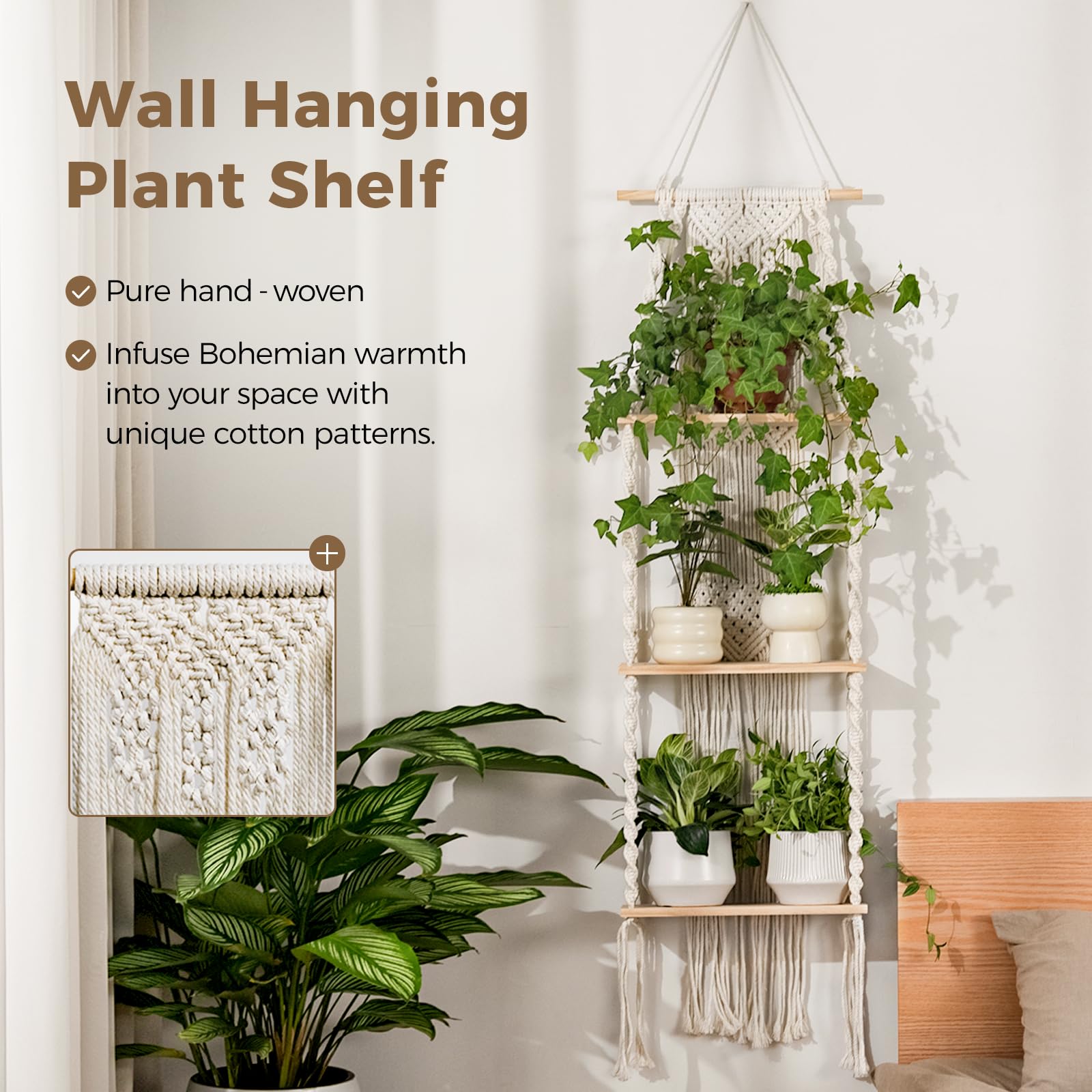 Estante de pared para plantas, soporte para plantas de macramé, 3 niveles, estantes para plantas, decoración bohemia para habitación, estante colgante para plantas, soporte para plantas 3