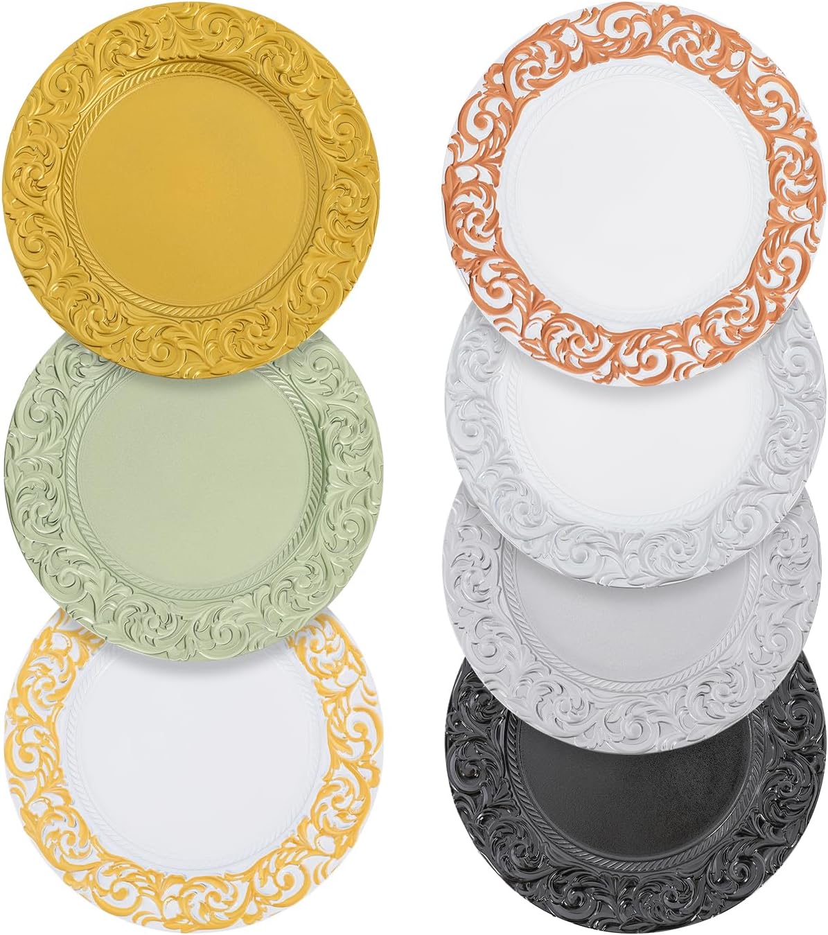 50-Pack Plastic Charger Plates, 13 Inch Antique Decorative Dinner Plates for Weddings, Parties, Banquets, Reusable & Durable, Multiple Colors (Black)