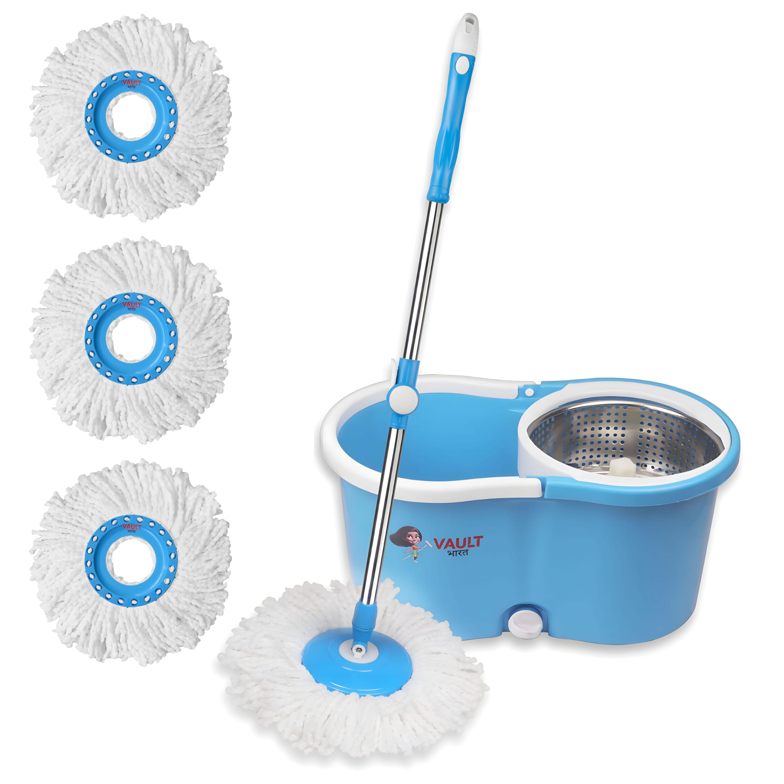 Vault Bharat Premium Heavy Quality Mop Bucket for Floor Cleaner| 360° Spin Blue Bucket Mop Set with 3 Microfiber Refill, Model: V56+3 (Warranty:1 Year) (B0CZ9FSM2Y) Amazon Price History, Amazon Price Tracker