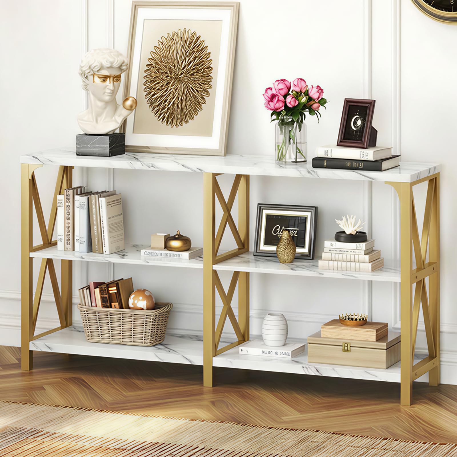IBF Modern 3 Tier Entryway Table, Industrial Metal Wood TV Console Table with Storage Shelves, Farmhouse White Faux Marble and Gold Sofa Accent Table