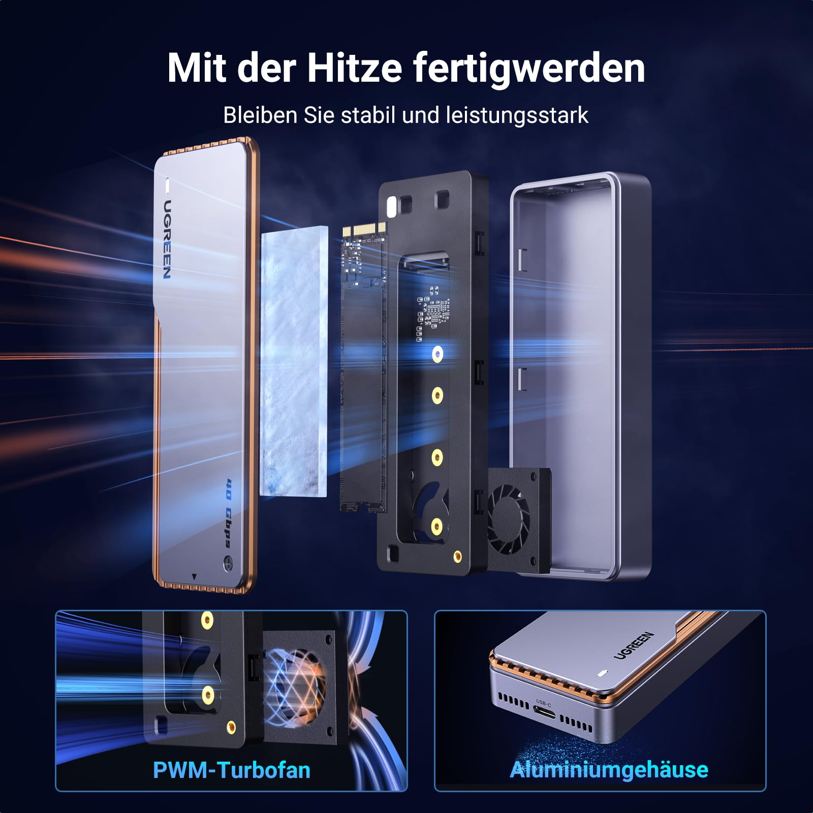 UGREEN USB 4 M2 Gehäuse, 40Gbps NVMe Gehäuse mit leistungsstarker Kühlleistung, USB M2 SSD Adapter für Datenspeicher, kompatibel mit MacBook Pro M5 Pro/M5 Max, HP Celeron N4120, Mac mini M4