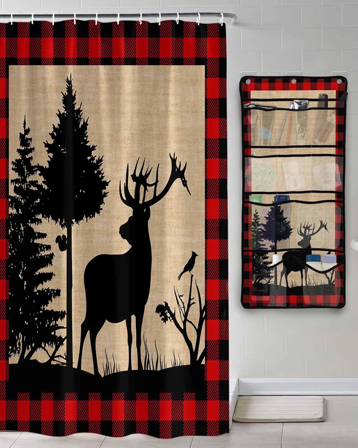 Shower Curtain Mesh Shower Organizer Hanging Set Christmas Animal Moose Xmas Tree Waterproof Shower Curtains with 10 Pockets