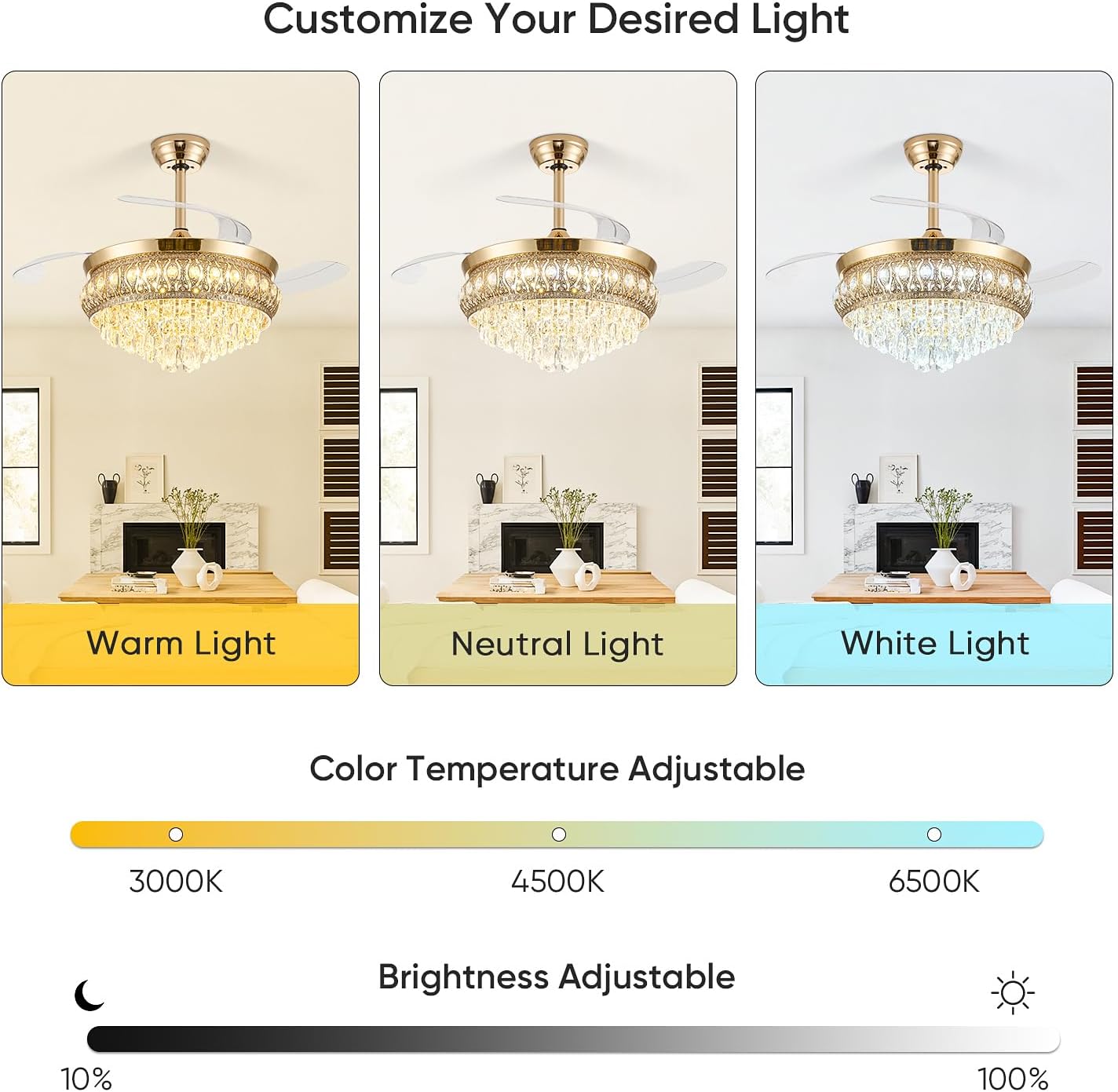 48" Fandelier Ceiling Fan with Light, Crystal Retractable Ceiling Fan with Lights and Remote, Chandelier Fans for Bedroom Living Room, Reversible DC Motor, Dimmable, 6 Speeds -Gold