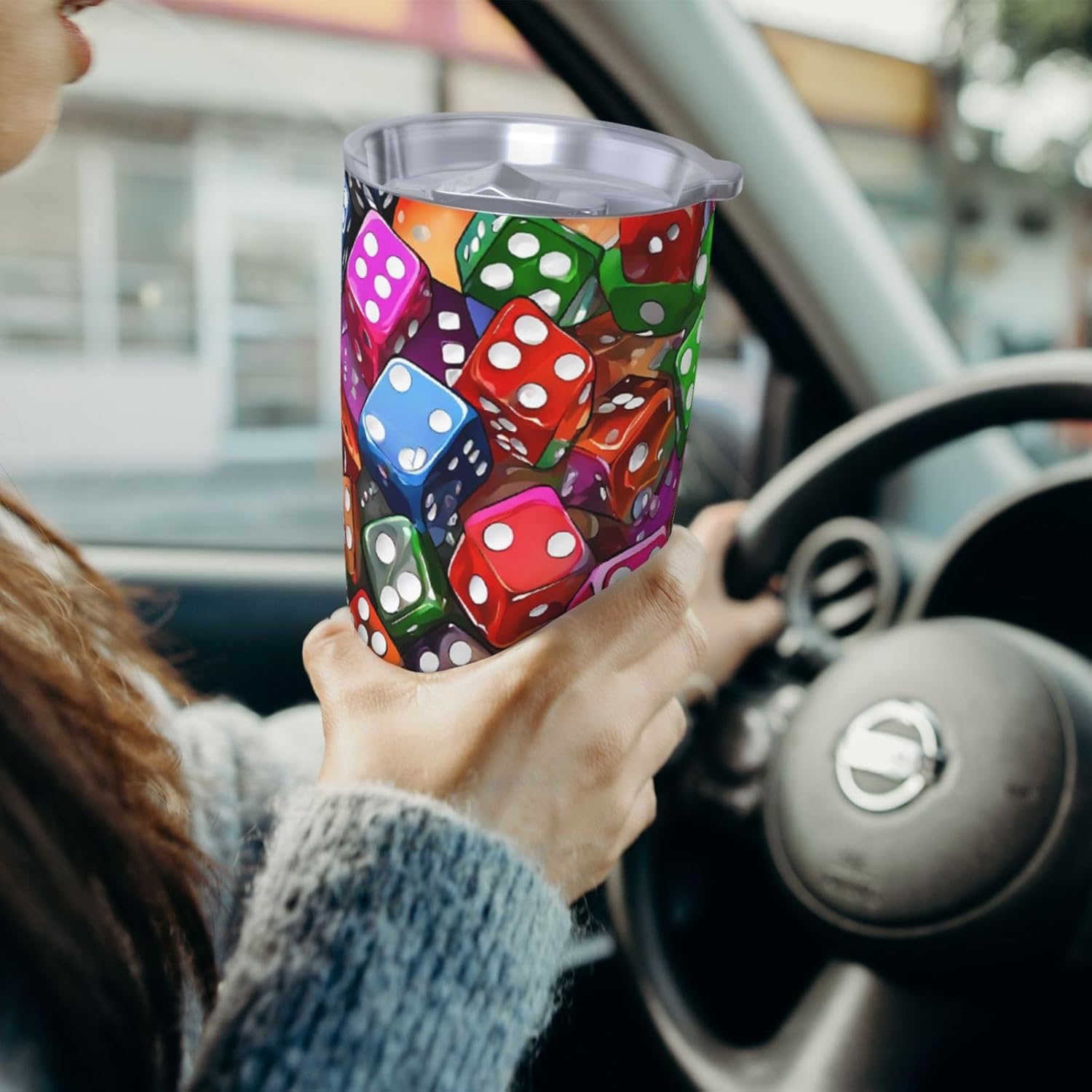 Games Dice Set Print 20oz Car Cup Ps Material Lid, Perfect For Hot & Cold Drinks