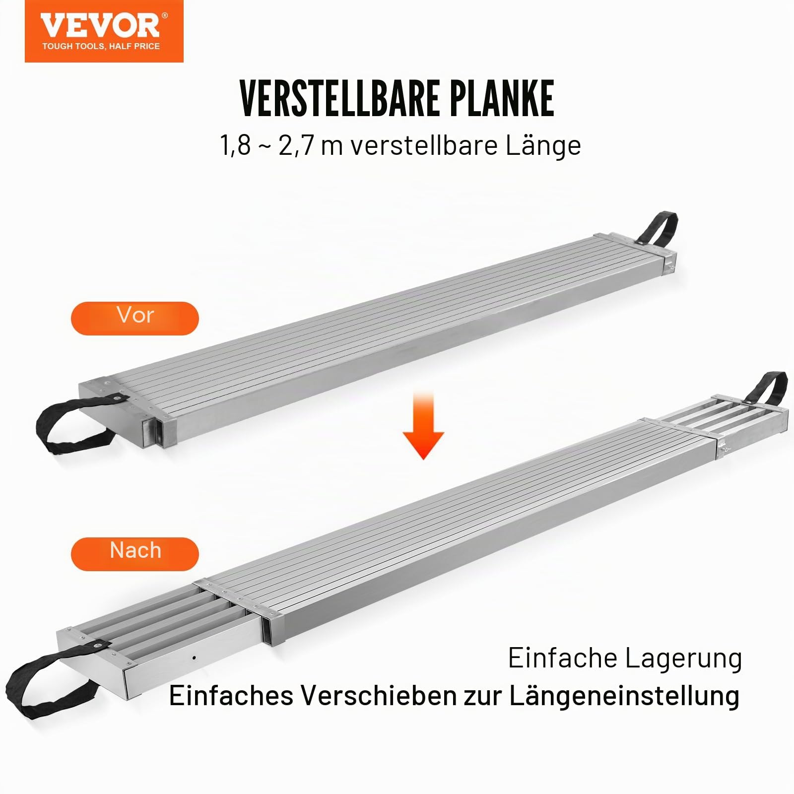 VEVOR Aluminium-Arbeitsplanke, 1,76-2,65 m Teleskopplanke, 200 kg Tragkraft Aluminium-Verlängerungsplanke, 325 mm Breite, Aluminium-Gerüstplanke mit rutschfester Plattform, Gerüstleiter-Zubehör