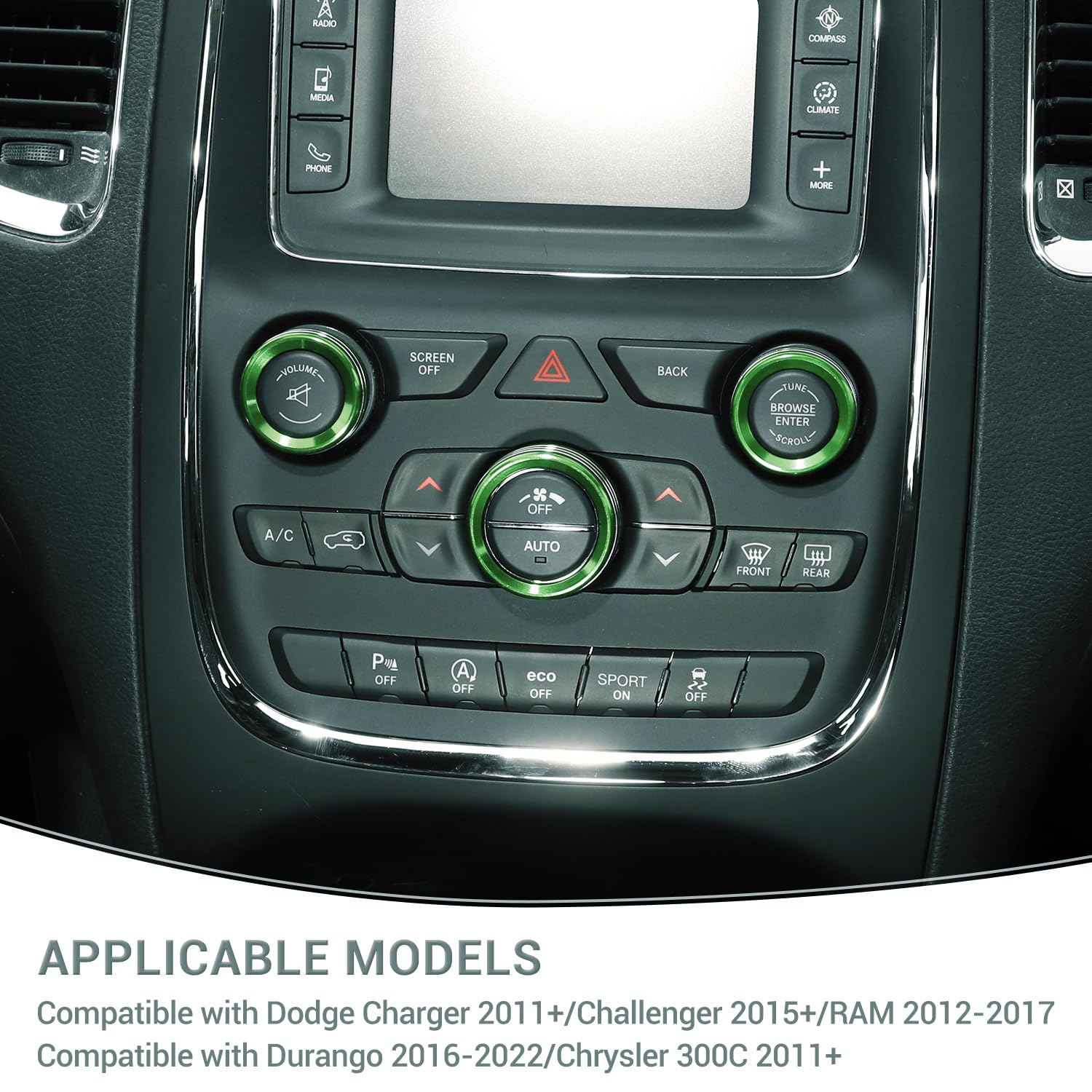AC Volume Switch Knob Cover Trim Ring for Dodge Charger 2011+/Challenger 2015+/RAM 2012-2017/Durango 2016-2022/Chrysler 300C 2011+, Aluminum Alloy Interior Accessories 3pcs, Green image 5