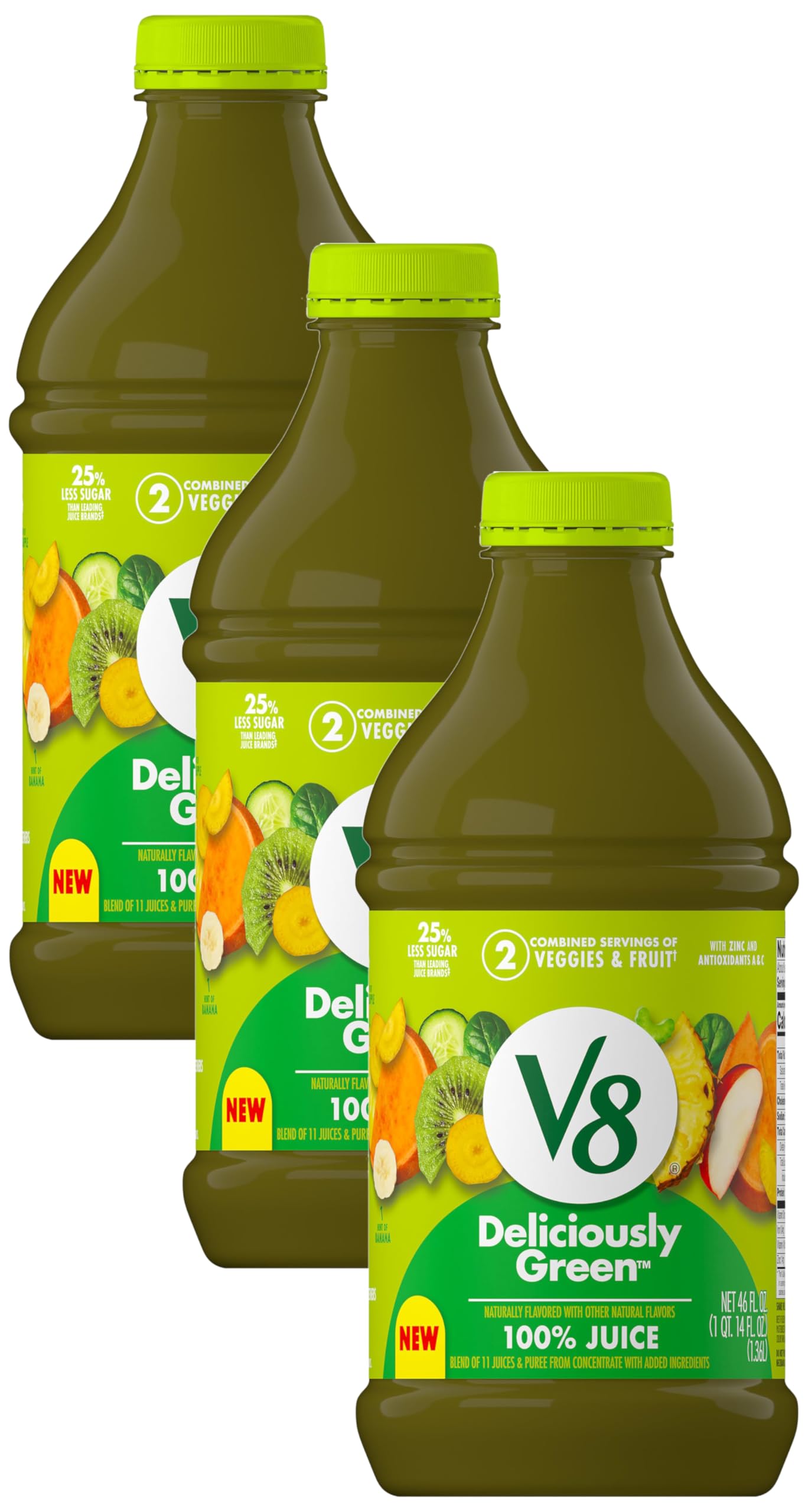V8 Deliciously Green 100% Fruit and Vegetable Juice, 46 fl oz Bottle (Pack of 3)
