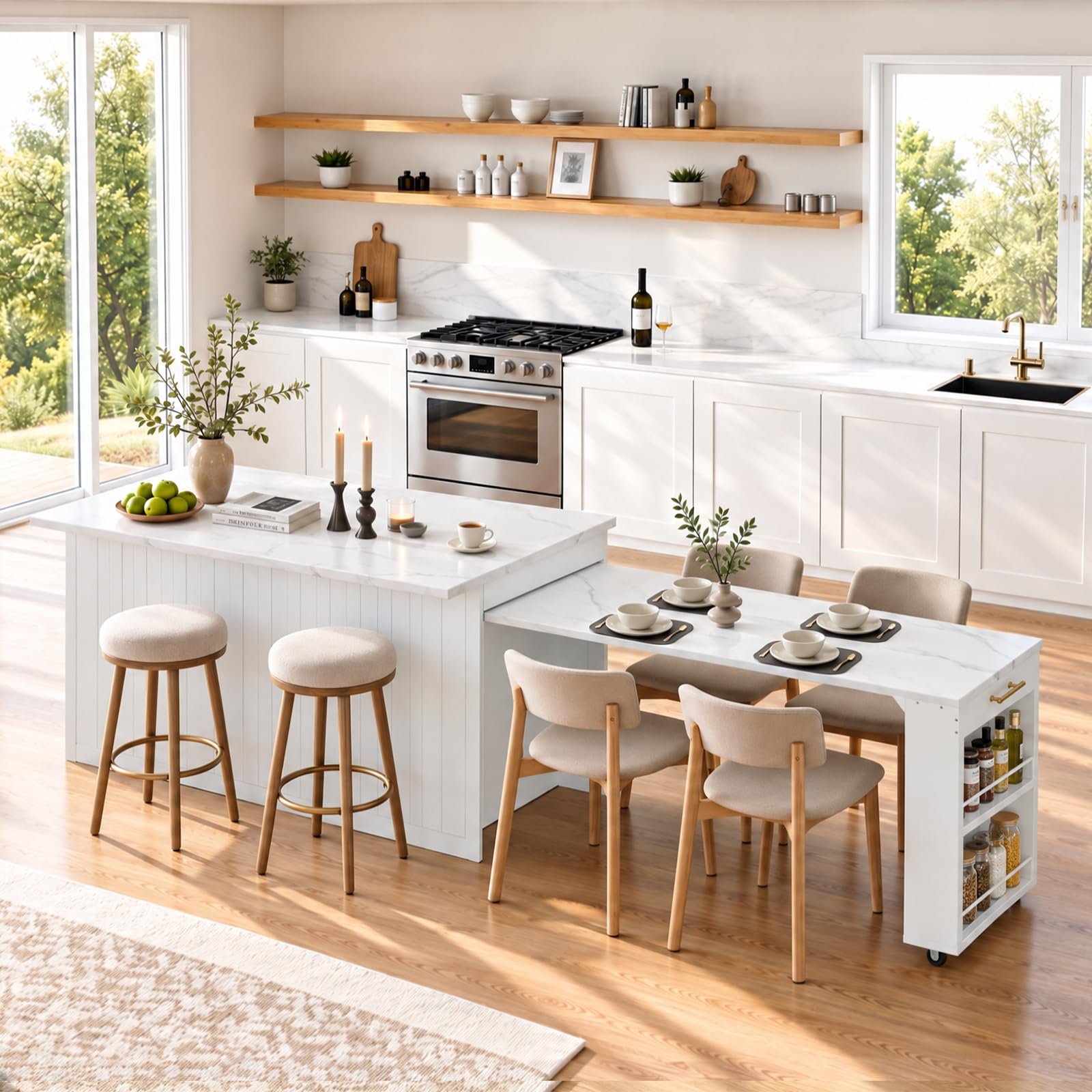 ONBRILL 59"-103" Kitchen Island with Extendable Dining Table — White