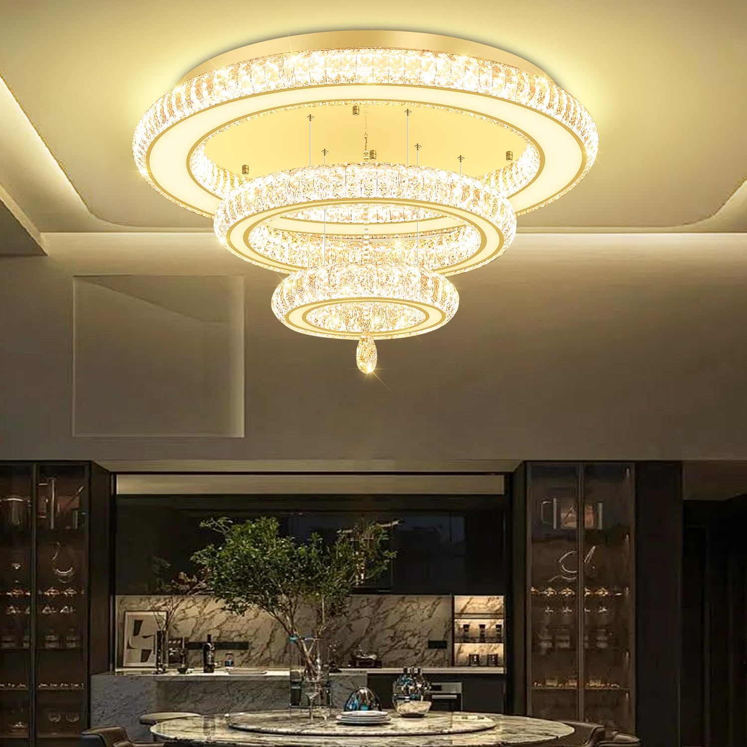 Glam Crystal Ring Chandeliers for Living Room Gold 32in Modern Led Flush Mount Chandelier with K9 Crystal Raindrop