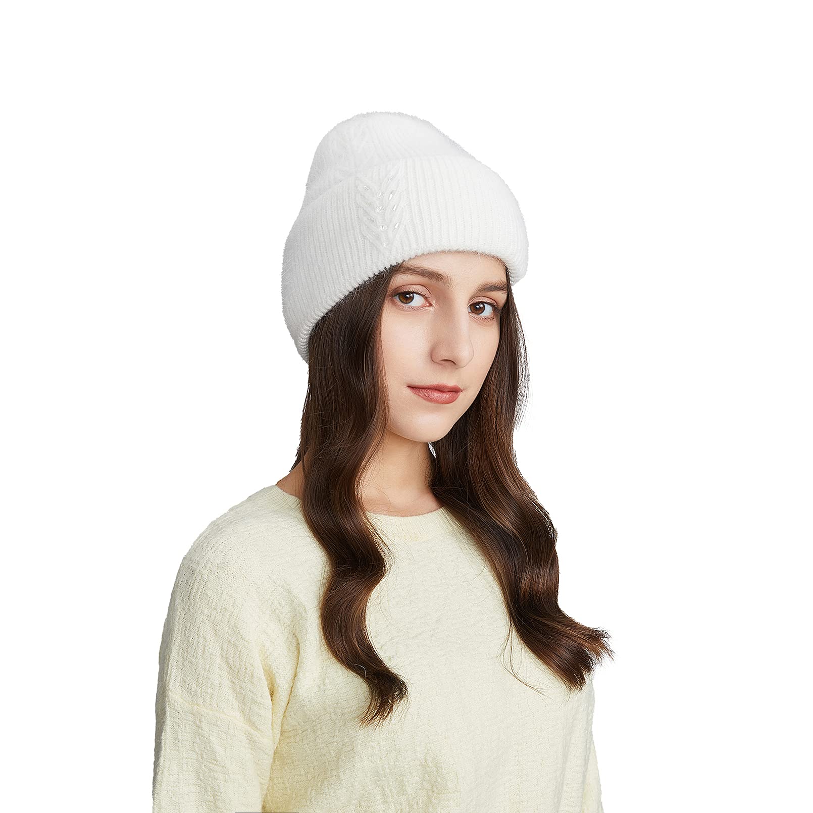BeFur Bonnet à pompon en cachemire pour femme - Chaud - Côté large avec strass - Pour l'hiver, Blanc., Taille unique