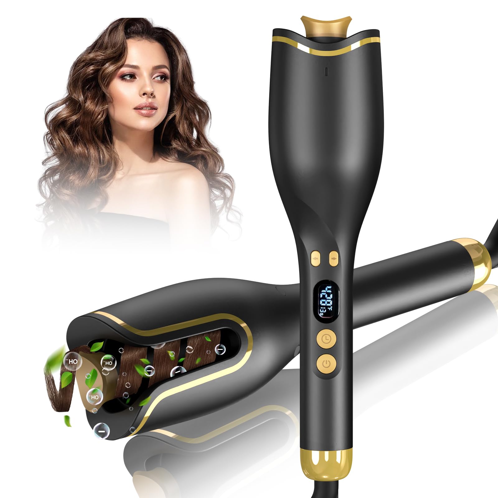 Automatic Curling Iron, Hair Curler 1" Large Slot, 4 Temperature Settings, 12s-19s Timers, Dual Voltage, Anti-Scald, Anti-Tangle, Auto Shut-Off, LCD Display, Fast Heating Easy for Use, Black