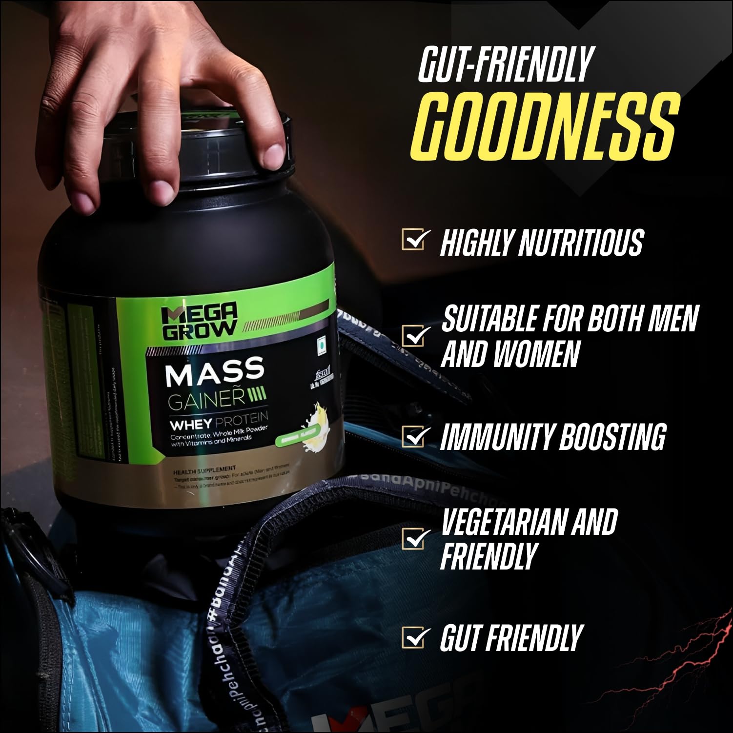Megagrow Mass Gainer Whey Protein Powder 1Kg – 384.5 Kcal, 22.81g Protein, 9g Carbs – High-Calorie Muscle Mass Gainer for Weight Gain, Size & Strength – Banana Flavour for Men & Women 2