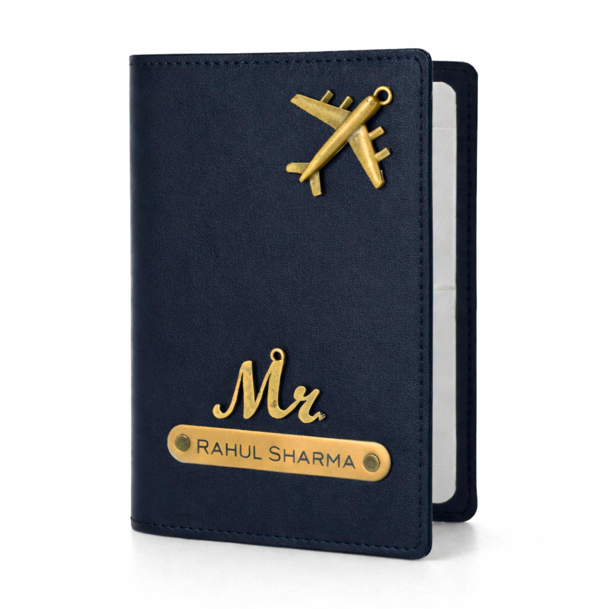 Pijera Personalized Passport Cover with Customizable Name Plate and Charm, Vegan Leather Travel Passport Holder with Card Slot (Blue)